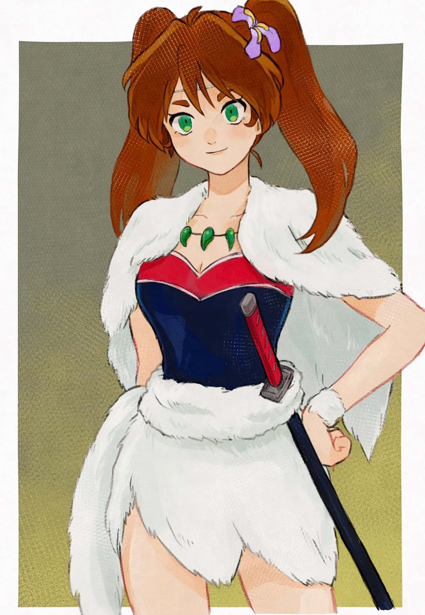 Inuyasha Ayame 桌布 壁紙 — 一個開心的動漫女孩，棕色雙馬尾，綠色眼睛，穿著白色毛皮服裝，內搭紅藍色束腰，手持一把劍。