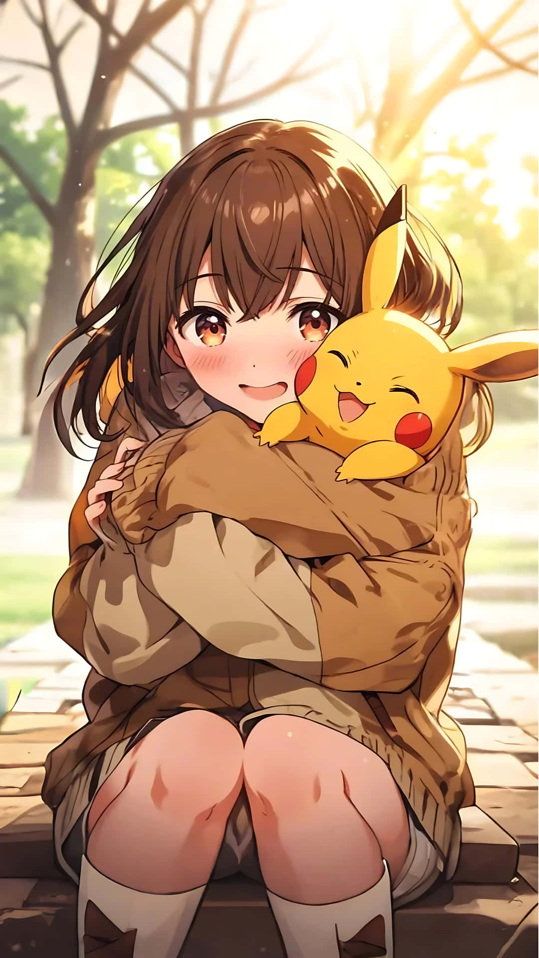 Pikachu's Heartwarming Expressions - A Journey of Cuteness. smartphone wallpaper 壁紙 — 一個開心的動漫女孩，棕色頭髮，在溫暖陽光下坐在石階上擁抱微笑的皮卡丘。