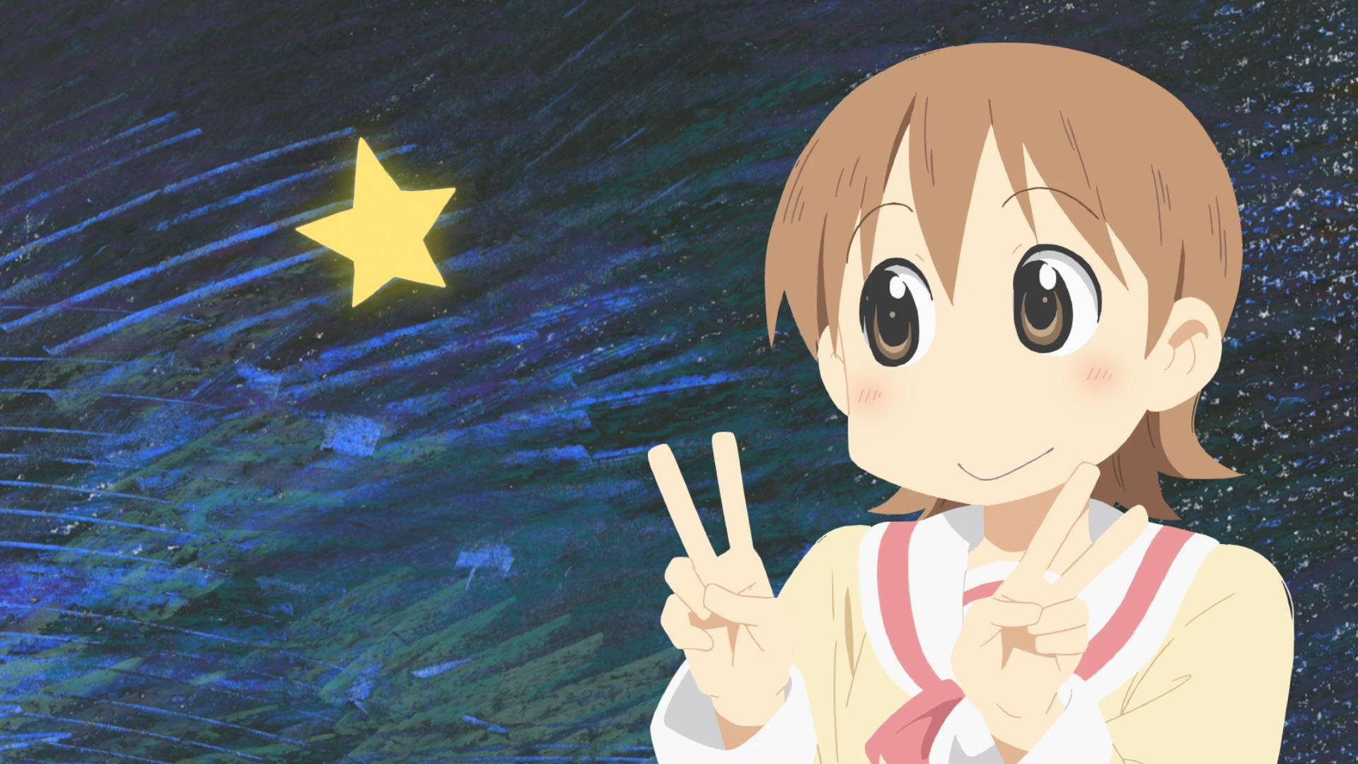 Nichijou 桌布 壁紙 — 一個開心的動漫女孩，棕色頭髮，在滿天星斗的藍色夜空下微笑並比出和平手勢，旁邊有一顆發光的黃色星星。