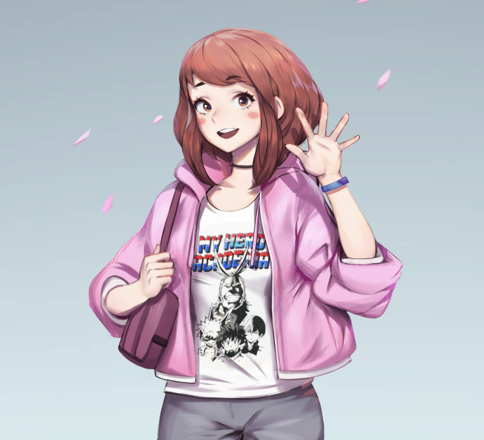 Uraraka 桌布 壁紙 — 一個開心的動漫女孩，棕色頭髮，在柔和的粉彩光線中，粉紅色的櫻花飄落在她周圍，她快樂地揮手。