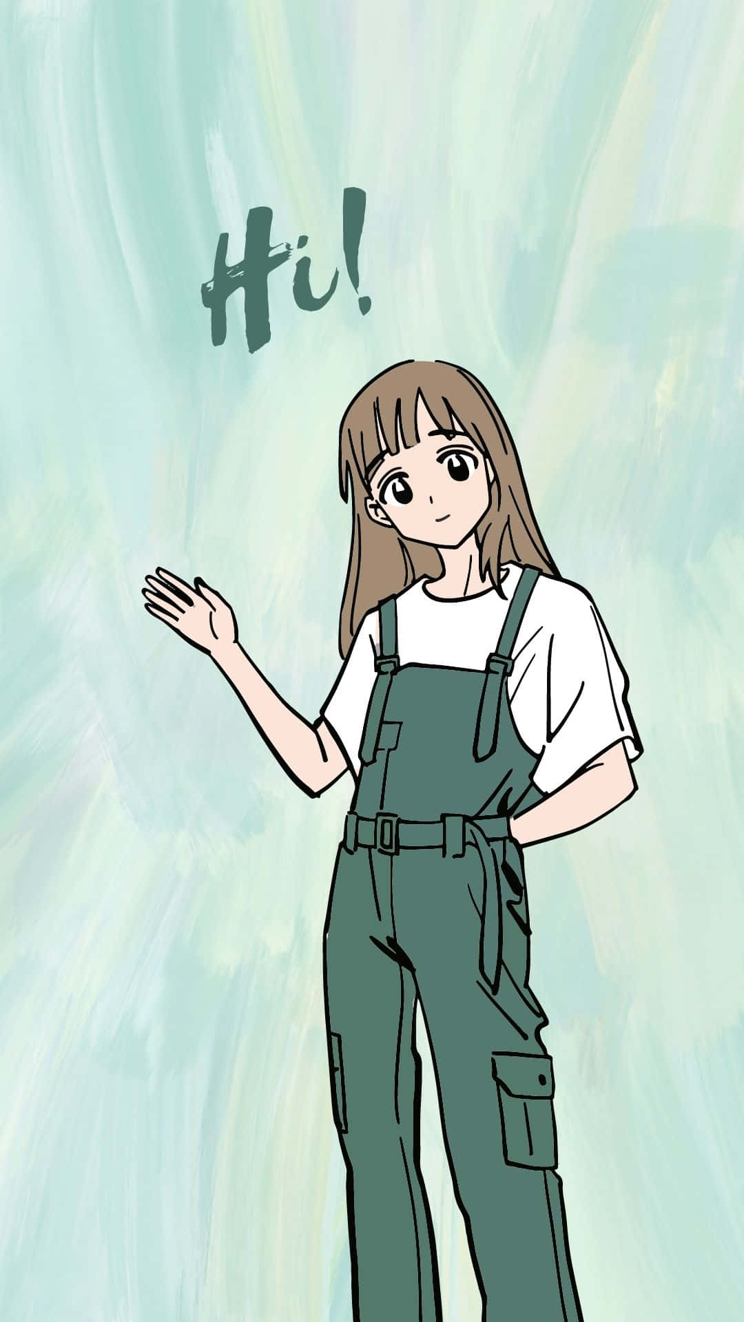 女孩 桌布 壁紙 — 一個開心的動漫女孩，棕色頭髮，在柔和的青綠色水彩背景前揮手打招呼。