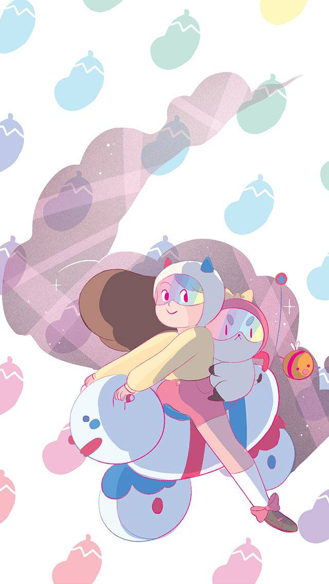 bee and puppycat 桌布 壁紙 — 一個開心的動漫女孩，棕色頭髮，帶著貓咪同伴，騎著一隻奇特的藍色生物，穿過充滿漂浮橡子的粉彩天空。