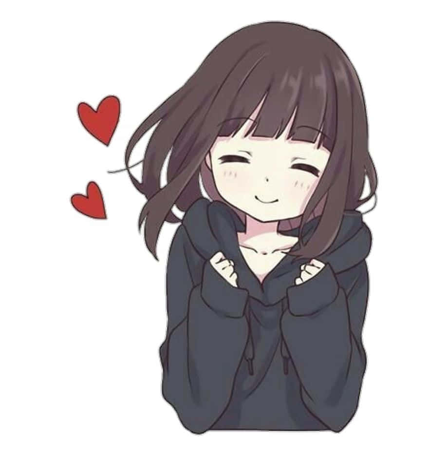 Menhera Chan 桌布 壁紙 — 一個開心的動漫女孩，棕色頭髮，微笑著抱著她的連帽衫，旁邊有兩個紅心漂浮著。