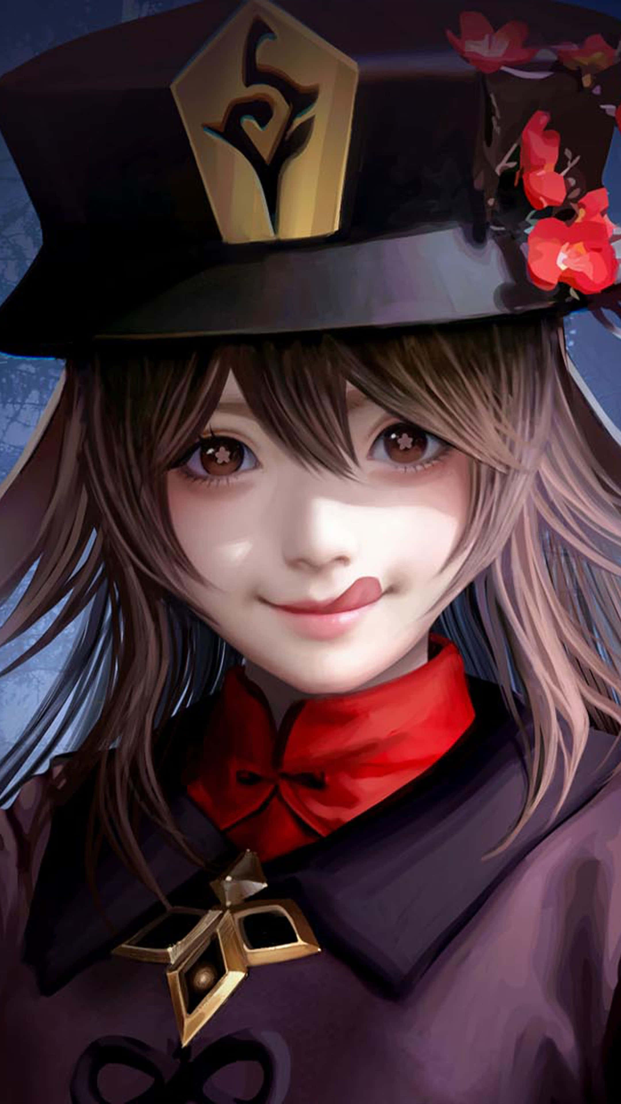 原神 桌布 壁紙 — 一個開心的動漫女孩，棕色頭髮，戴著一頂黑色帽子，上面裝飾著紅花和金色徽章，溫暖地微笑。