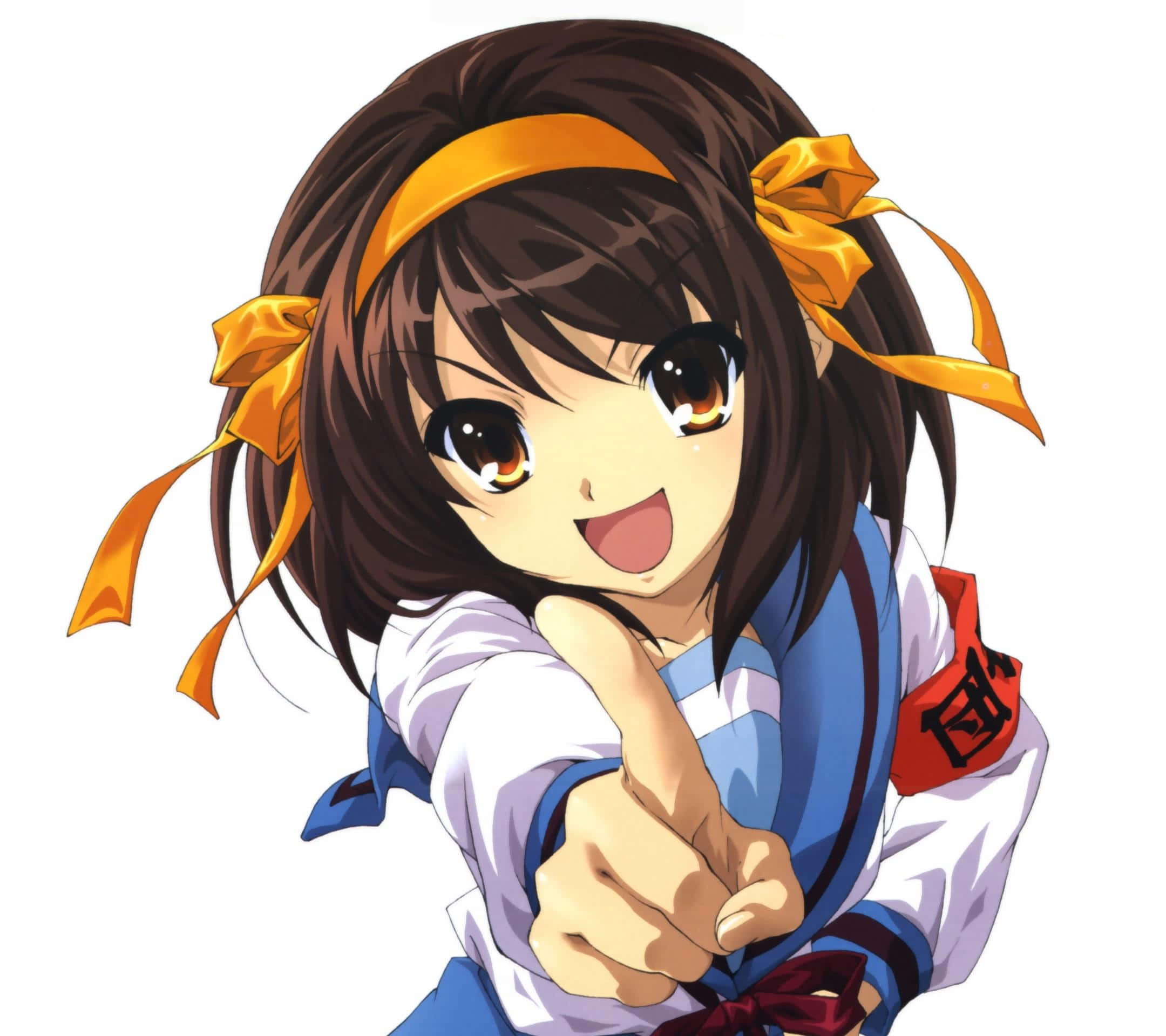 The Melancholy Of Haruhi Suzumiya 桌布 壁紙 — 一個開心的動漫女孩，棕色頭髮，橙色蝴蝶結，直接指向觀眾，笑容燦爛。