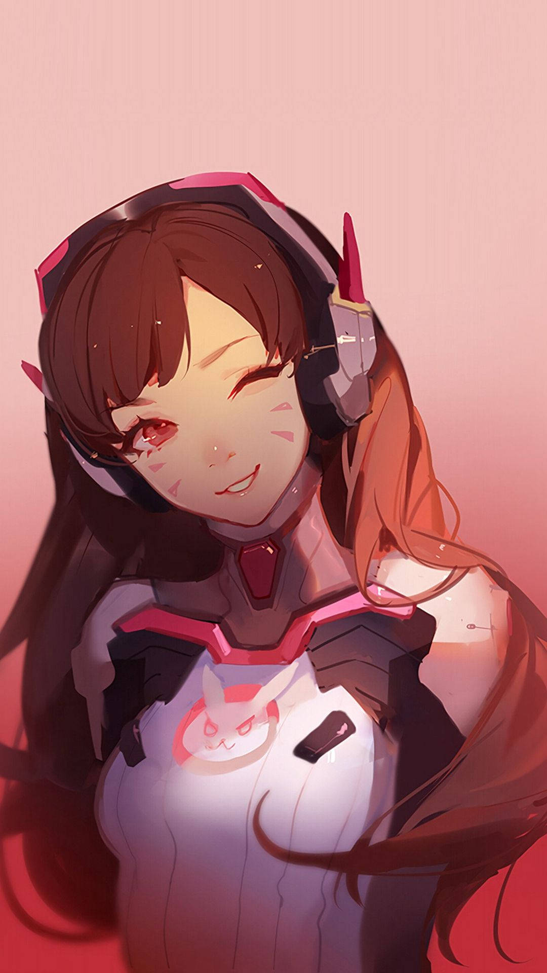 D.Va 桌布 壁紙 — 一個開心的動漫女孩，棕色頭髮，紅色眼睛，戴著未來風格的耳機，穿著發光的白色套裝，背景是柔和的粉紅色。