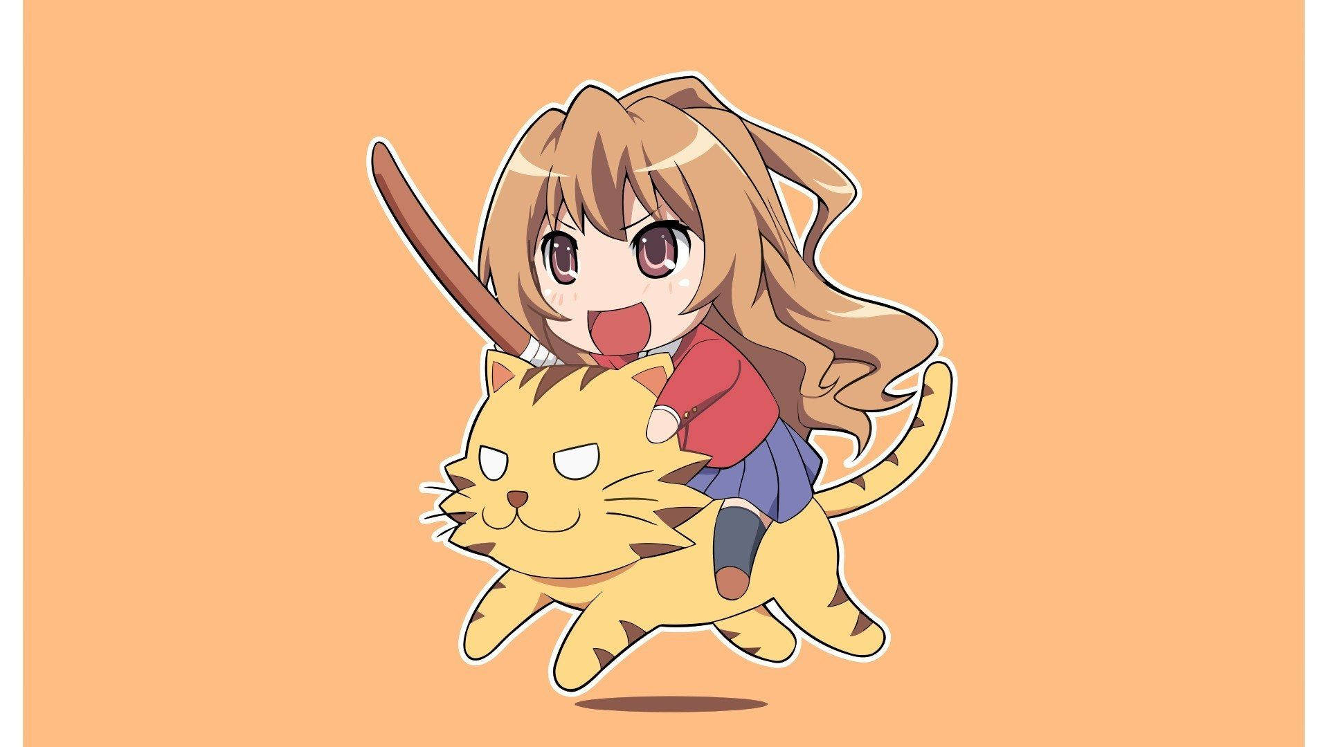 Toradora 桌布 壁紙 — 一個開心的動漫女孩，棕色頭髮，騎著一隻奔跑的黃貓，背景是純蜜桃色。