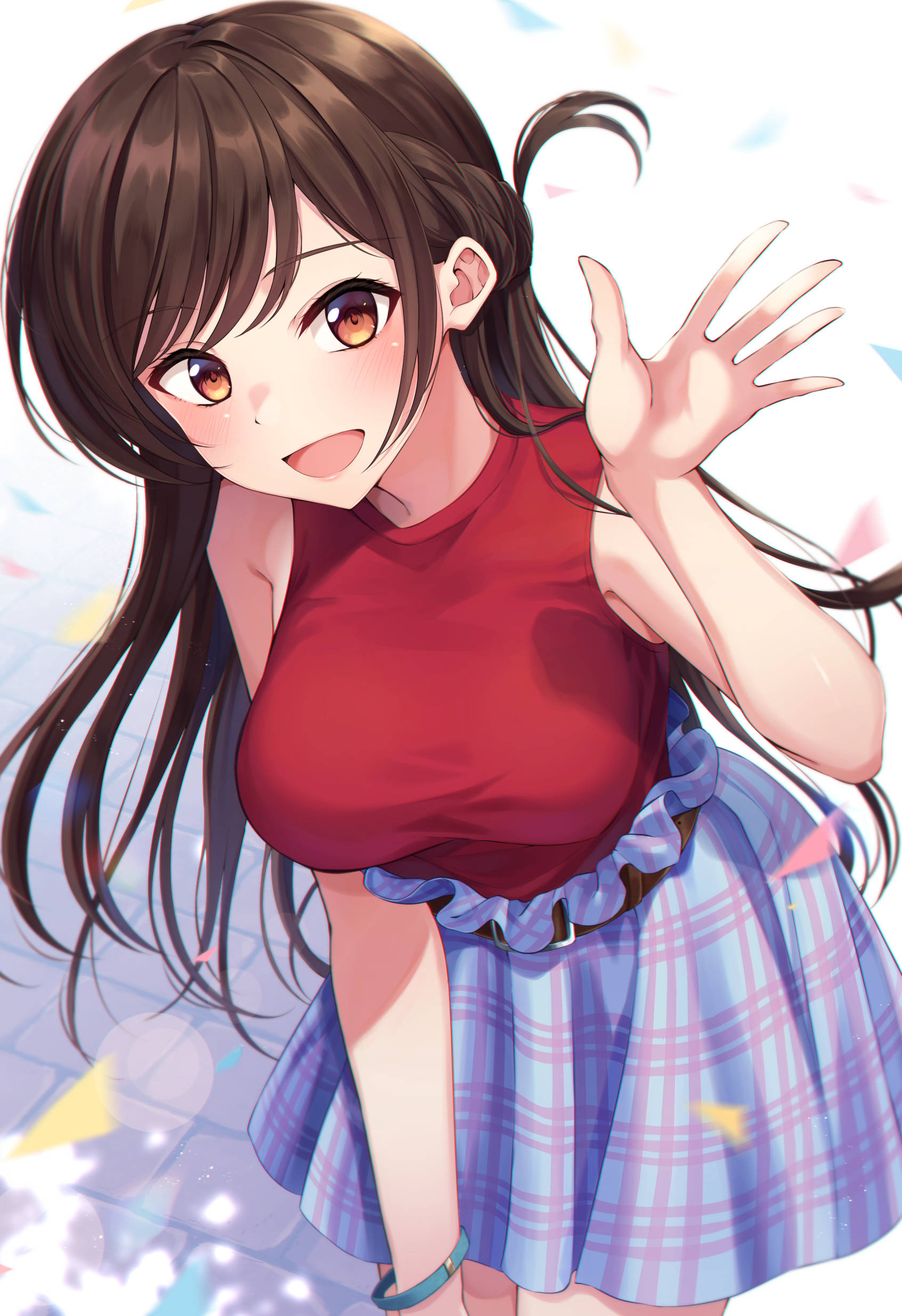 Girlfriend 桌布 壁紙 — 一個開心的動漫女孩，棕色頭髮和琥珀色眼睛，穿著紅色上衣和藍色格子裙，在五彩紙屑背景前開心地揮手。