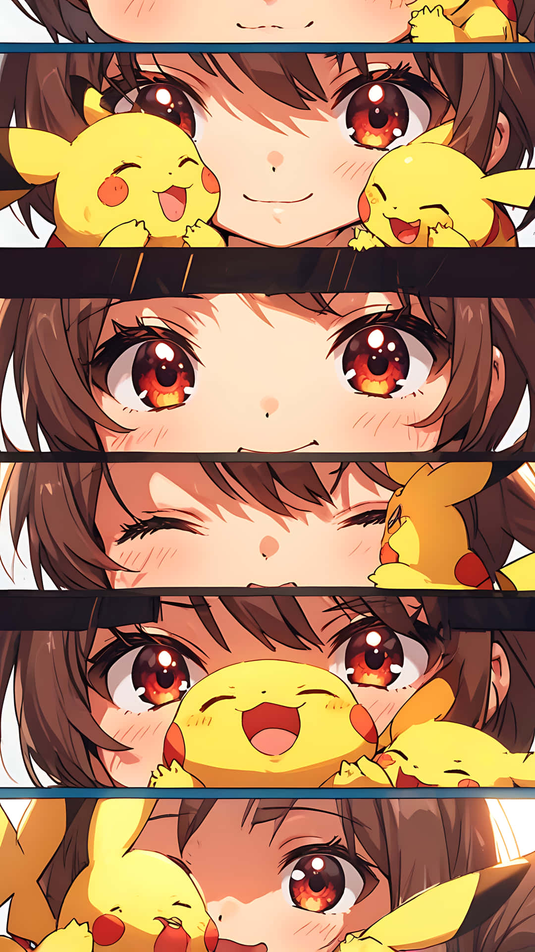 Pikachu's Heartwarming Expressions - A Journey of Cuteness. smartphone wallpaper 壁紙 — 一個開心的動漫女孩，棕色頭髮和紅色眼睛，與多個黃色皮卡丘在垂直漫畫條佈局中分享快樂時刻。