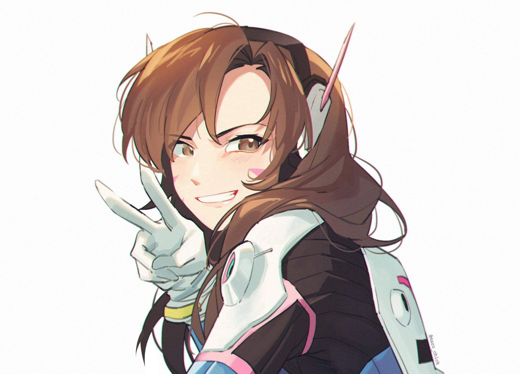D.Va 桌布 壁紙 — 一個開心的動漫女孩，棕色頭髮和貓耳朵，穿著黑白服裝，比出和平手勢。