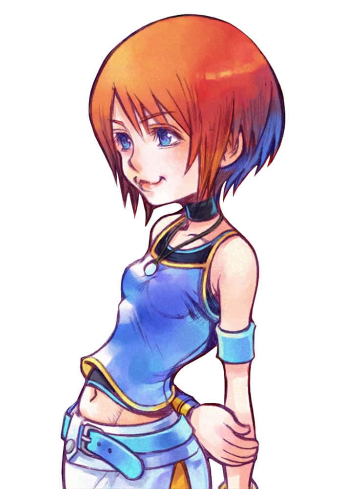 Kingdom Hearts Kairi 桌布 壁紙 — 一個開心的動漫女孩，橙色和藍色的頭髮，穿著帶金色飾邊的藍色服裝微笑。