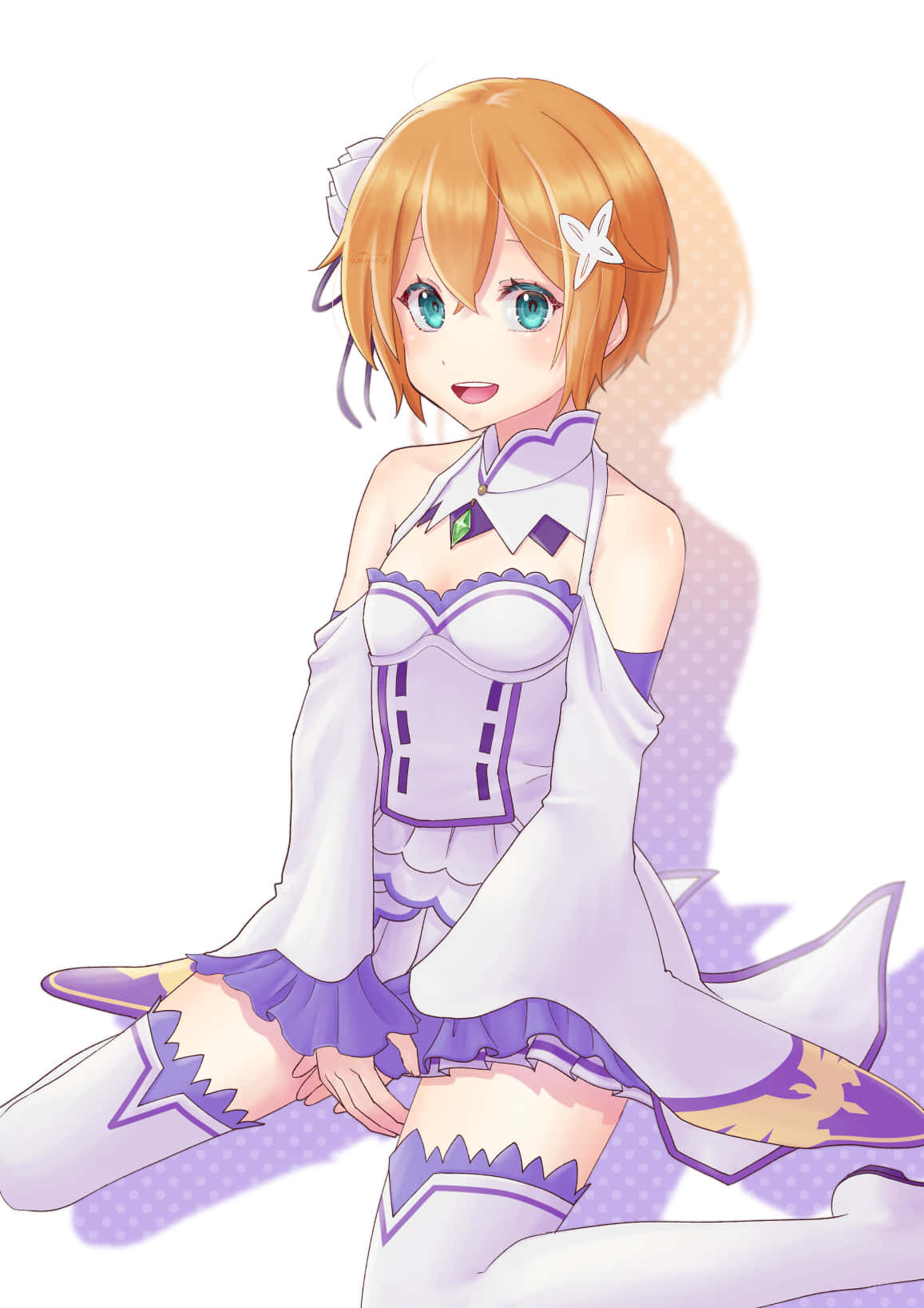 Petra Leyte 桌布 壁紙 — 一個開心的動漫女孩，橙色頭髮藍色眼睛，穿著紫色和白色的衣服，坐在柔和的漸變背景前。