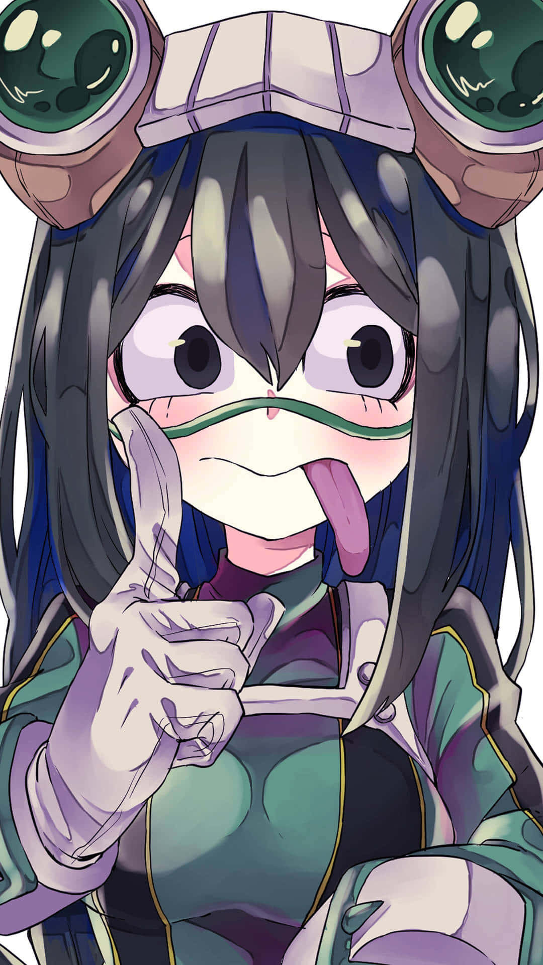 Froppy 桌布 壁紙 — 一個開心的動漫女孩，深色頭髮，戴著護目鏡，眨眼並伸出舌頭，同時豎起大拇指。