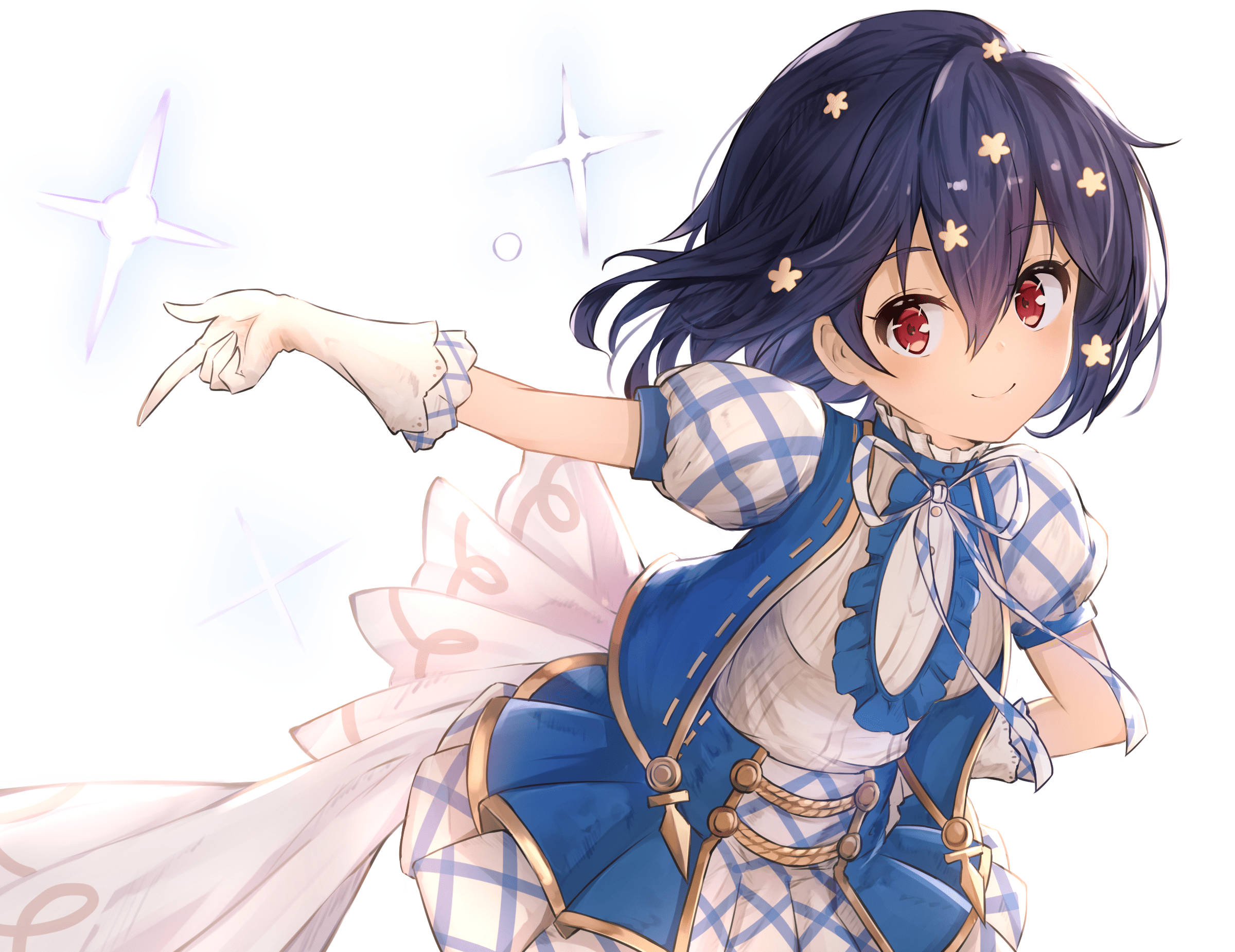 zombie land saga 桌布 壁紙 — 一個開心的動漫女孩，深色頭髮和紅色眼睛，向前指著，閃爍的星星在她周圍漂浮在明亮的白色背景上。