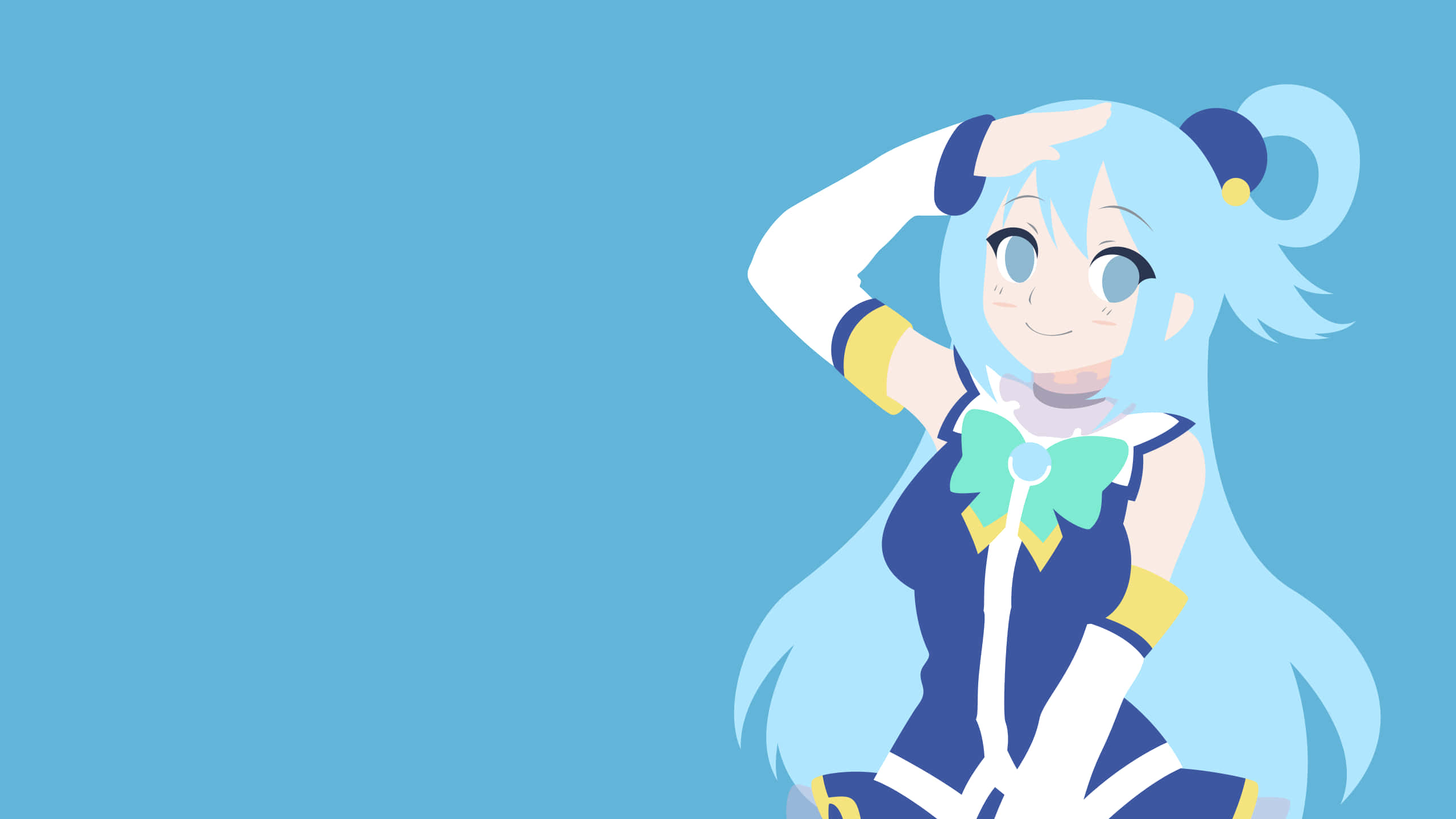 Konosuba 桌布 壁紙 — 一個開心的動漫女孩，淺藍色頭髮，穿著水手服，微笑著用手遮擋眼睛，背景是純藍色。