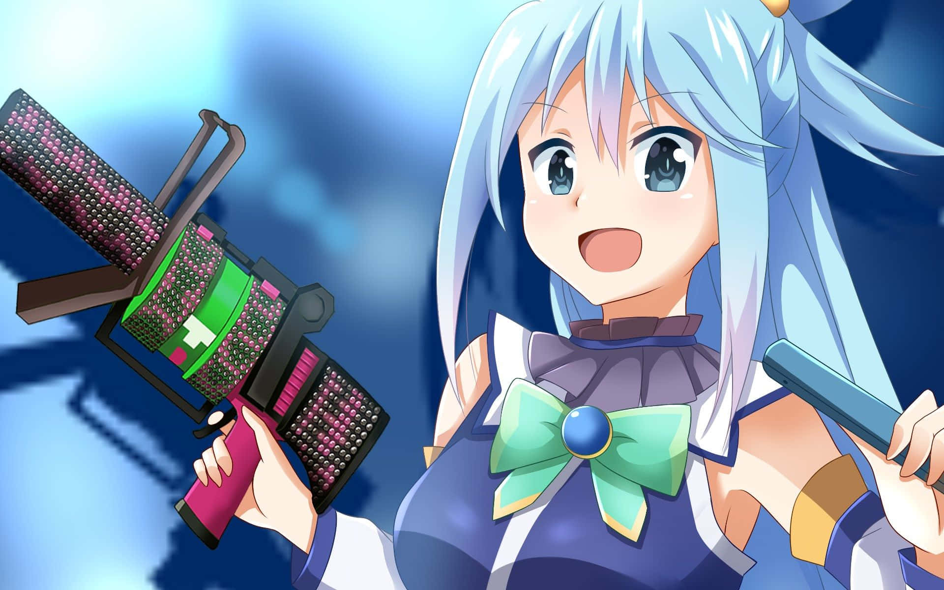 Konosuba 桌布 壁紙 — 一個開心的動漫女孩，淺藍色頭髮，在明亮的藍天背景下拿著色彩繽紛的未來武器。