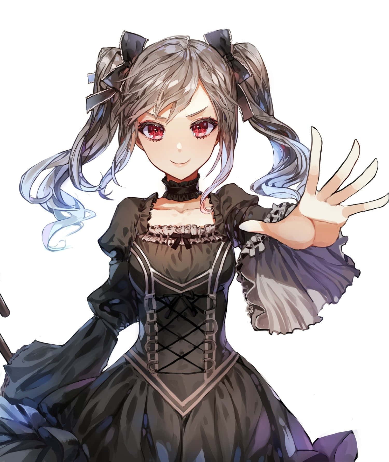 Lolita Fashion 桌布 壁紙 — 一個開心的動漫女孩，灰色雙馬尾和紅色眼睛，穿著黑色哥德式連衣裙在白色背景前揮手。