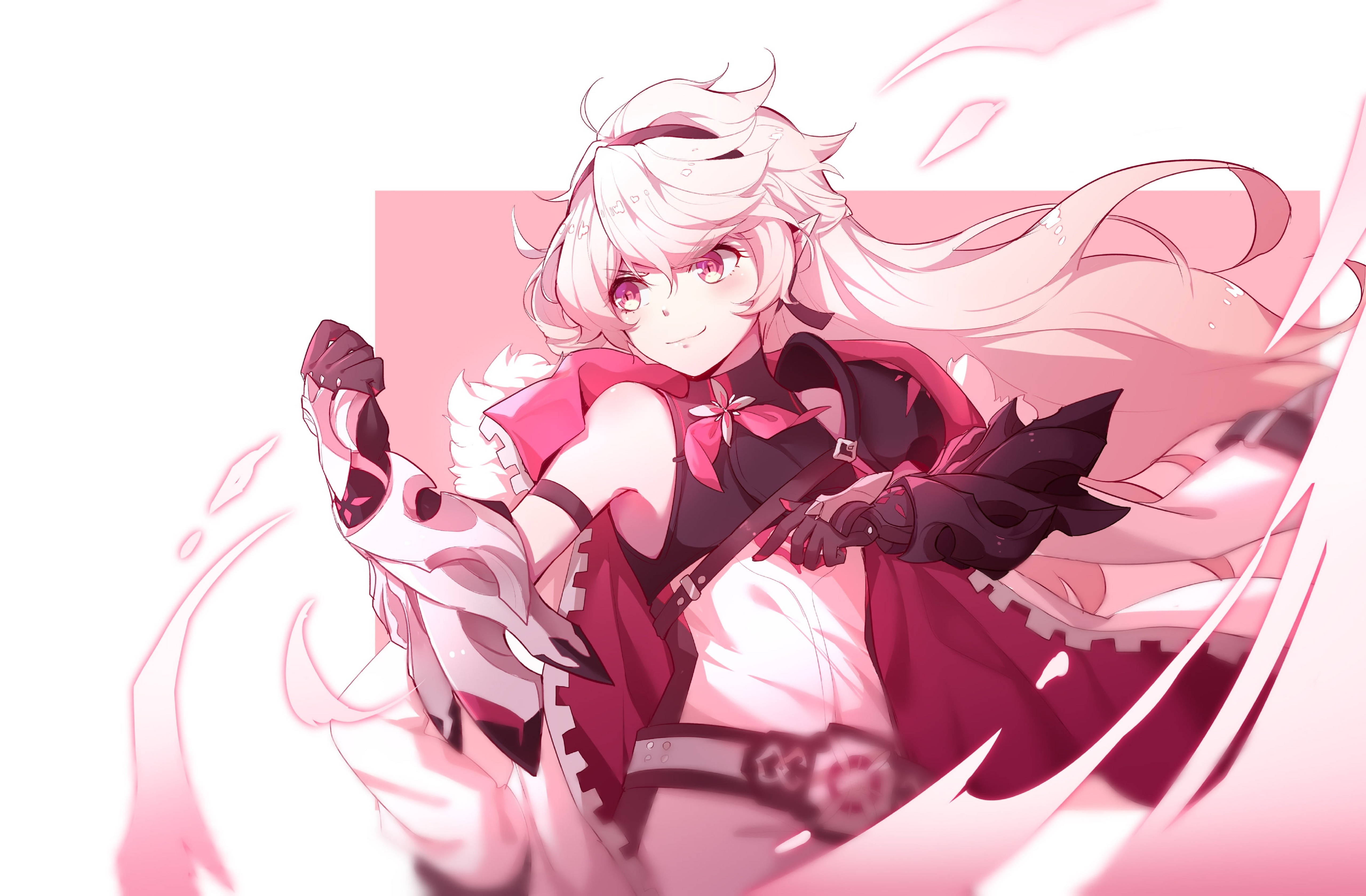 Elsword 桌布 壁紙 — 一個開心的動漫女孩，白髮粉紅眼睛，在柔和漸變背景中，於旋轉的粉紅能量中揮舞劍。
