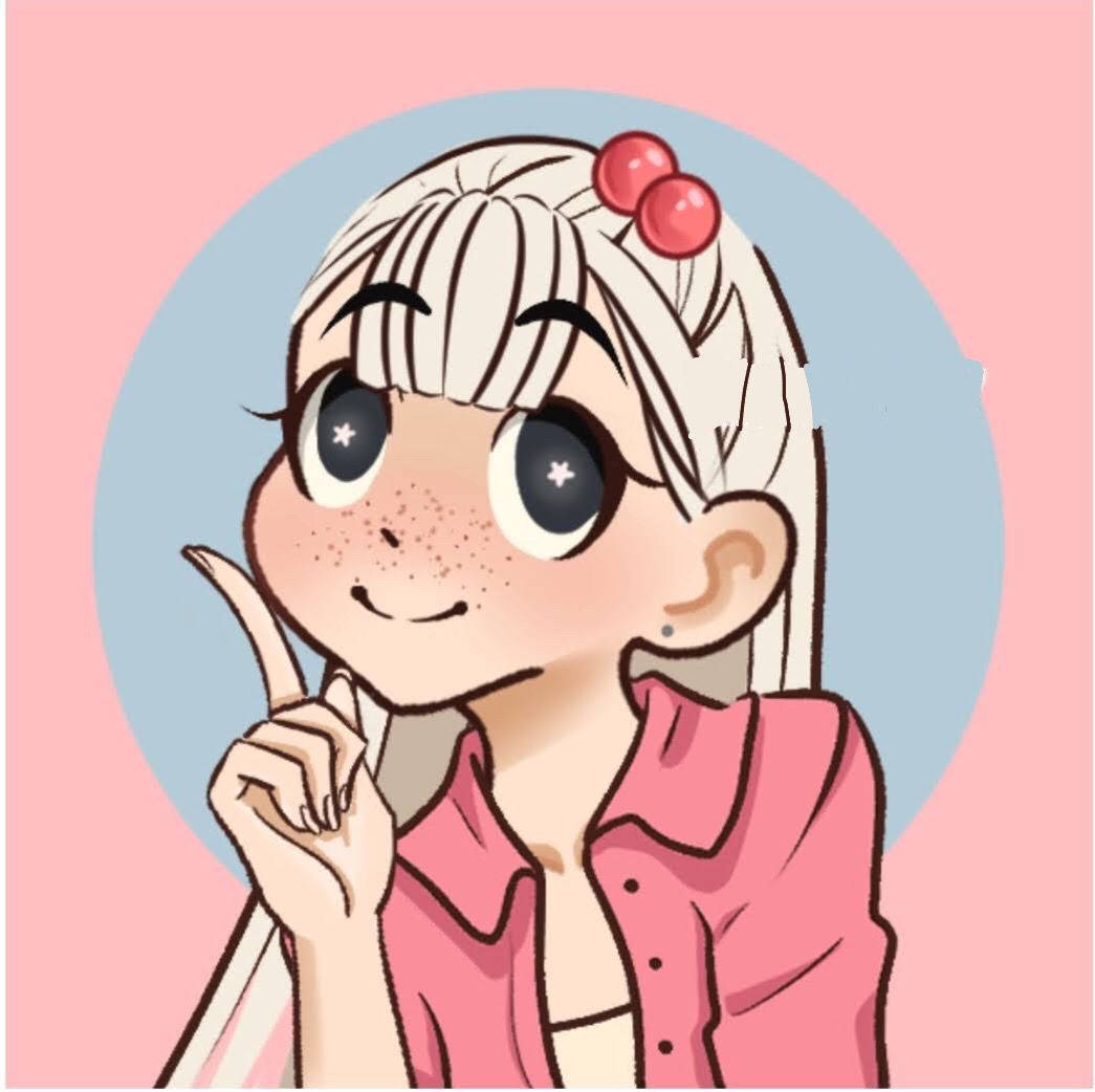 Cartoon 桌布 壁紙 — 一個開心的動漫女孩，白髮配粉紅色蝴蝶結，微笑著若有所思地指向柔和的粉藍色圓形背景。
