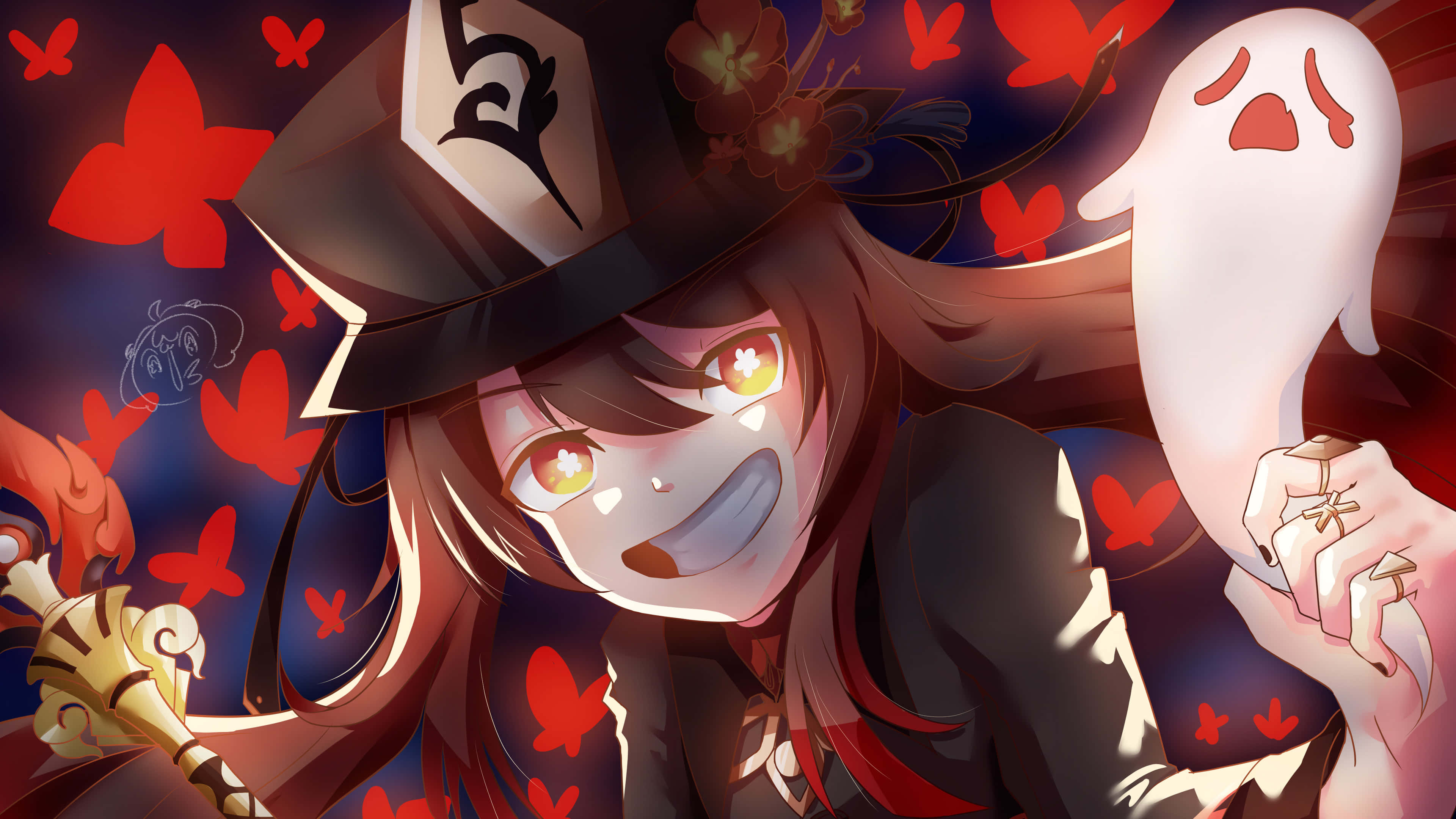 Red And Black Anime 桌布 壁紙 — 一個開心的動漫女孩，眼睛發光，戴著高帽，在黑暗背景中抱著一個被紅蝴蝶包圍的鬼魂。