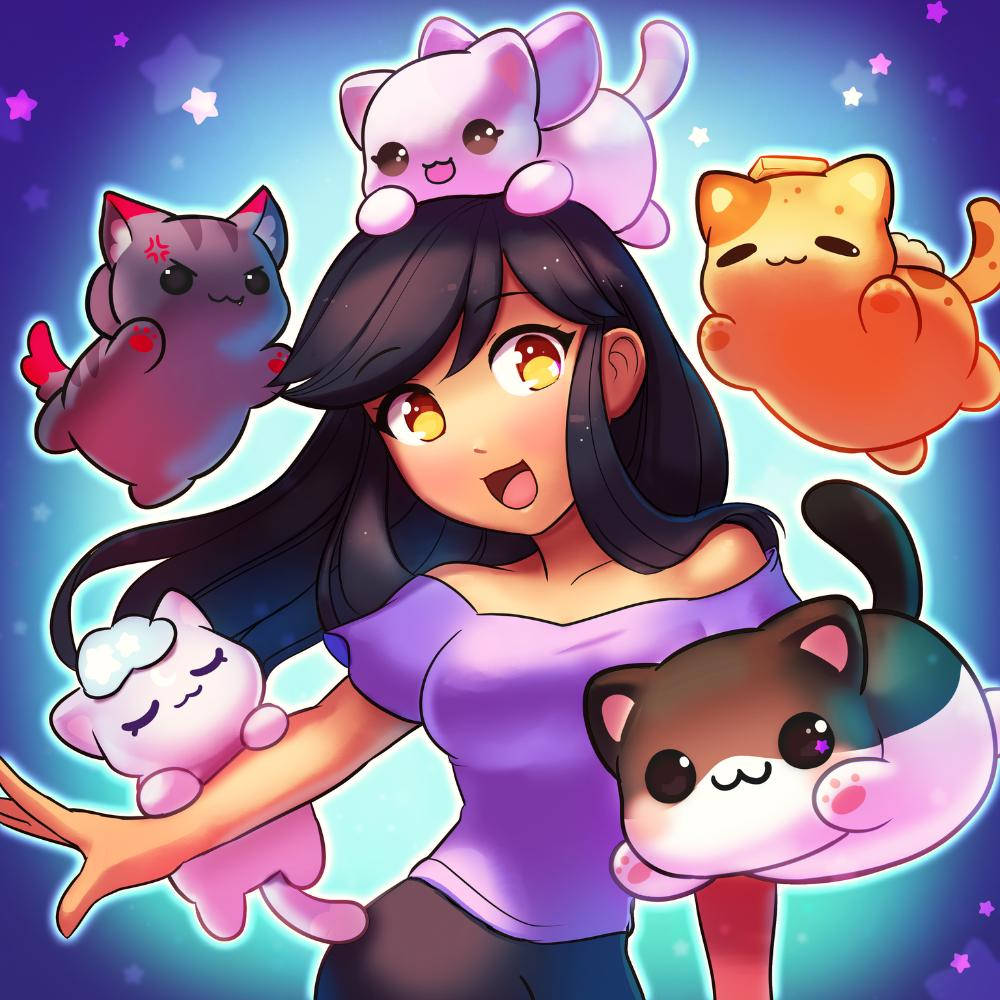 Aphmau 桌布 壁紙 — 一個開心的動漫女孩，眼睛發光，被五隻可愛的漂浮貓咪圍繞，背景是星空宇宙。