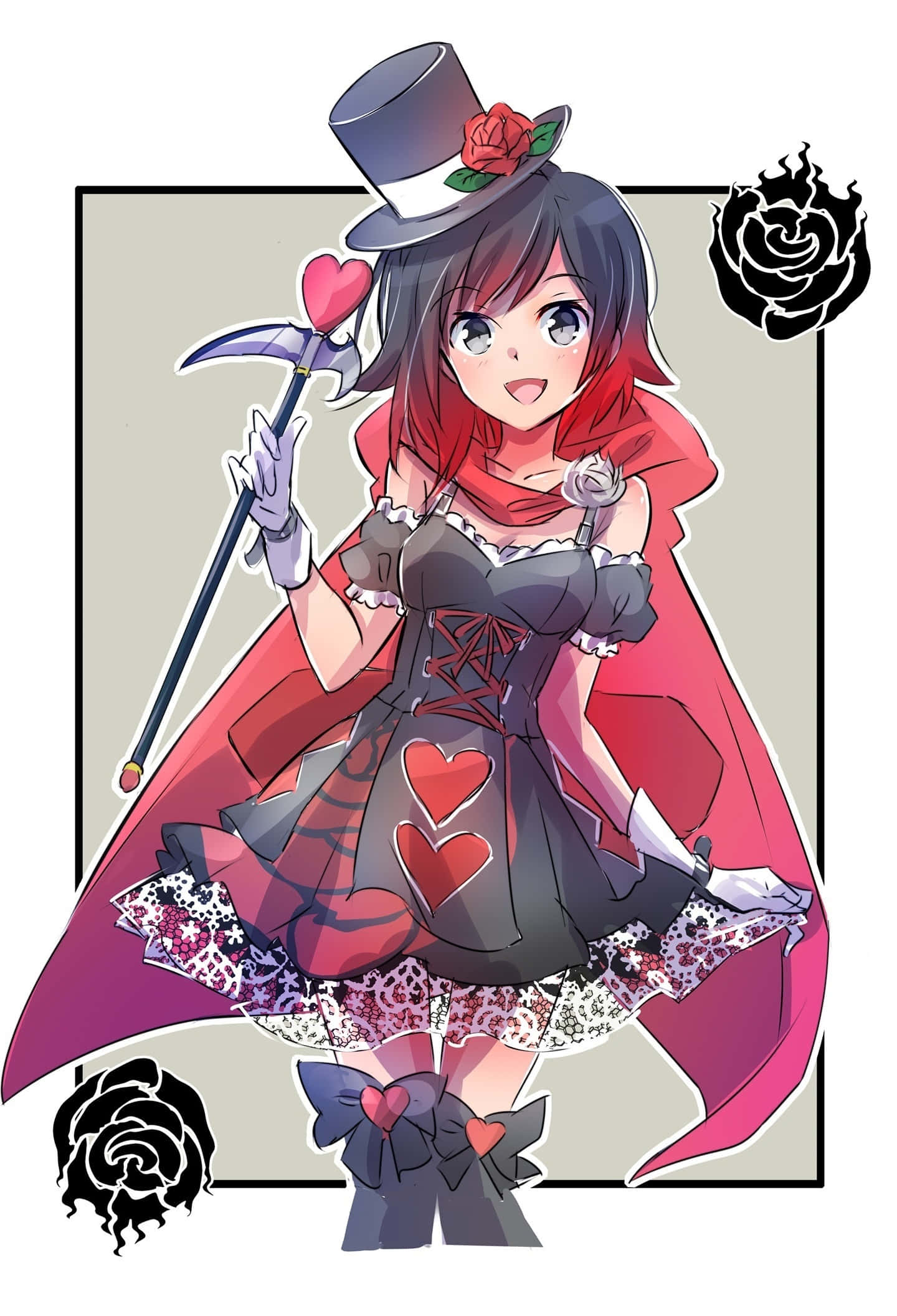 Rwby 桌布 壁紙 — 一個開心的動漫女孩，穿著紅色斗篷和高帽，手持帶有心形圖案的鐮刀，周圍環繞著黑色玫瑰圖案。