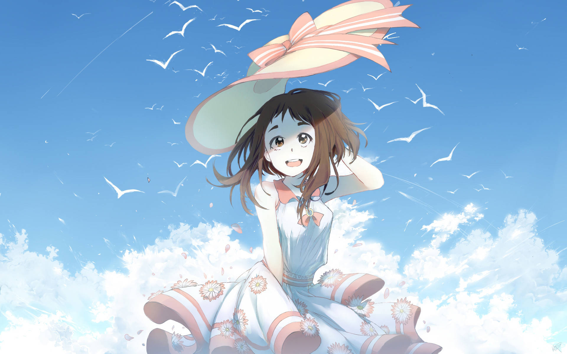 Uraraka 桌布 壁紙 — 一個開心的動漫女孩，穿著花卉圖案的連衣裙和大帽子，在明亮的藍天下漂浮在雲層中，鳥兒在她周圍飛翔。