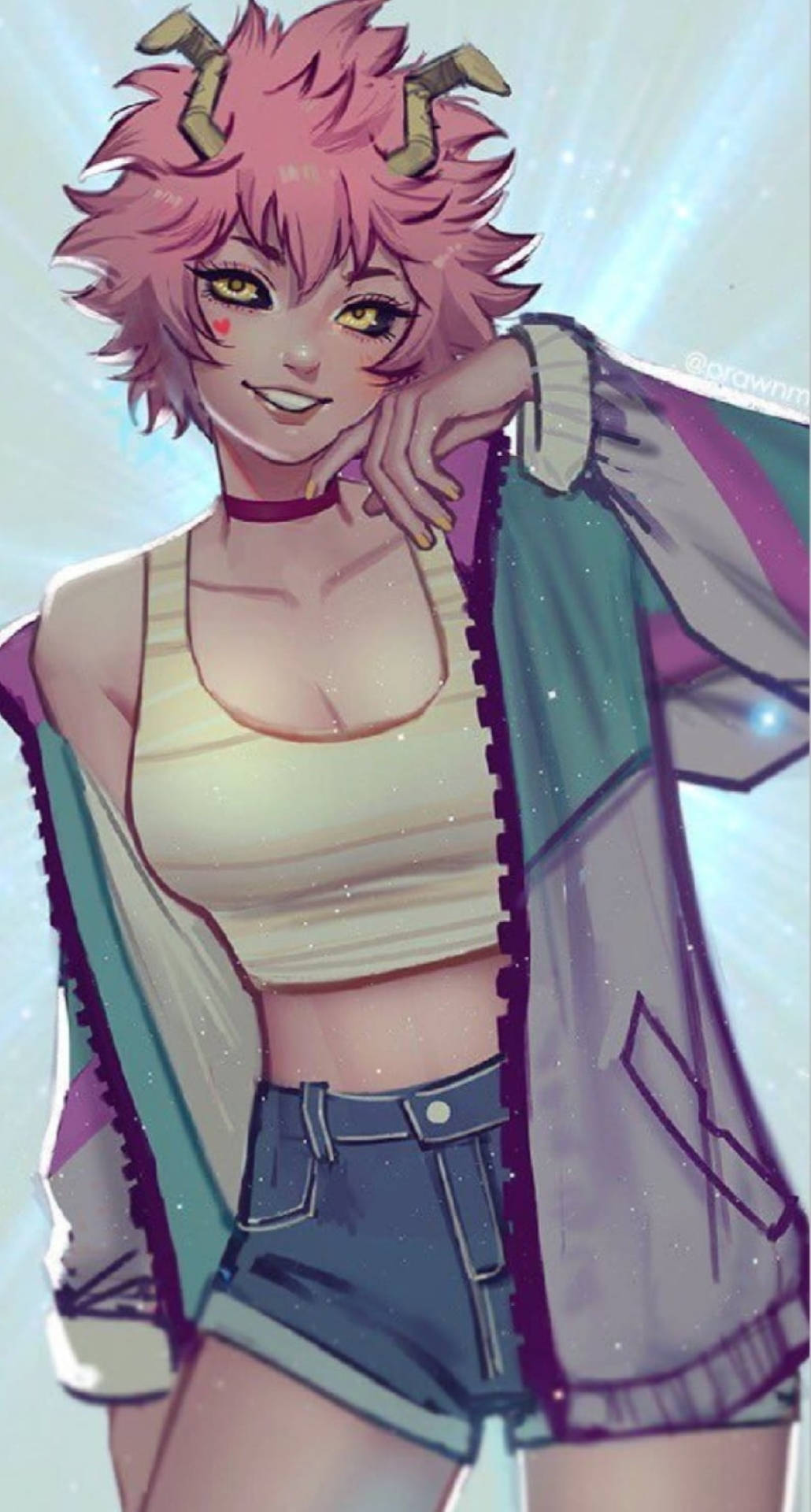 Bakusquad 桌布 壁紙 — 一個開心的動漫女孩，粉紅色尖刺頭髮和小角，微笑著用手撐著發光的星空背景。