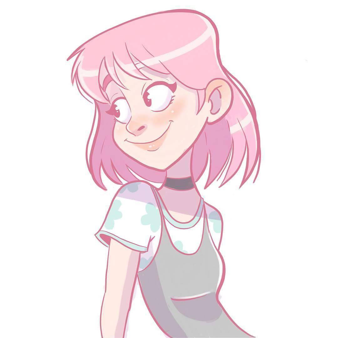 Pretty Girl Cartoon 桌布 壁紙 — 一個開心的動漫女孩，粉紅色頭髮，溫柔微笑，穿著花卉圖案襯衫和灰色吊帶褲，背景是純白色。