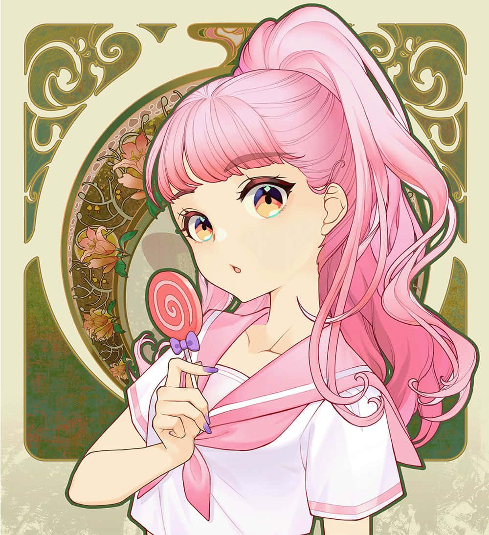 動漫女孩 桌布 壁紙 — 一個開心的動漫女孩，粉紅色頭髮，拿著螺旋棒棒糖，背景是華麗的花卉圖案。