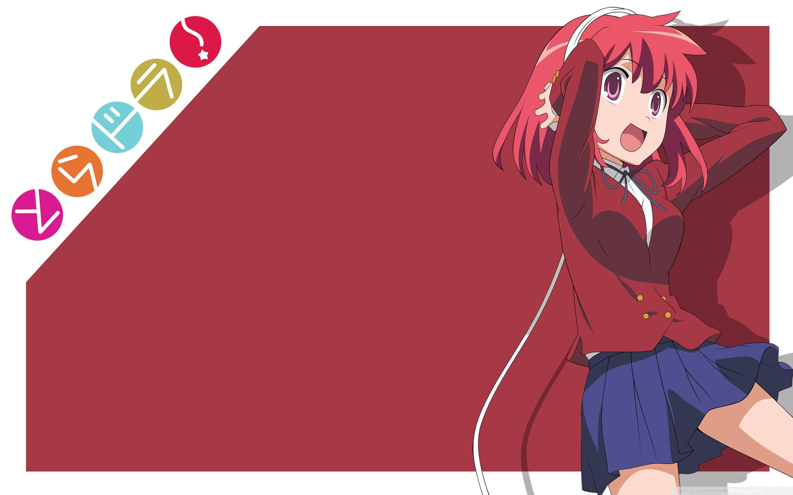 Toradora 桌布 壁紙 — 一個開心的動漫女孩，粉紅色頭髮，穿著紅色外套和藍色裙子，靠著一個帶有彩色圖標的栗色牆角。