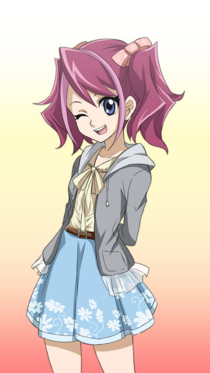 Yu Gi Oh 桌布 壁紙 — 一個開心的動漫女孩，粉紅色頭髮和藍色眼睛，穿著灰色連帽衫和花卉裙子，在柔和的漸變背景上眨眼。