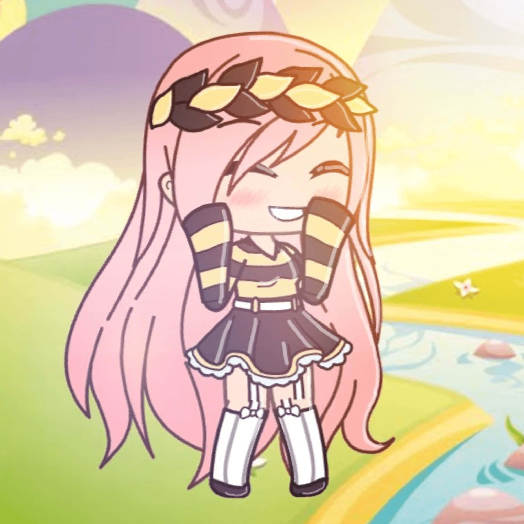 Gacha Life 桌布 壁紙 — 一個開心的動漫女孩，粉紅色頭髮和樹葉皇冠，在明亮的粉彩風景中歡笑。