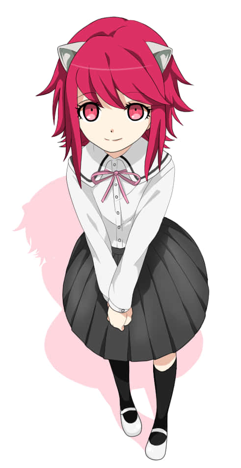 Elfen Lied 桌布 壁紙 — 一個開心的動漫女孩，粉紅色頭髮和貓耳朵，穿著白色襯衫和黑色裙子，背景是柔和的粉紅色。