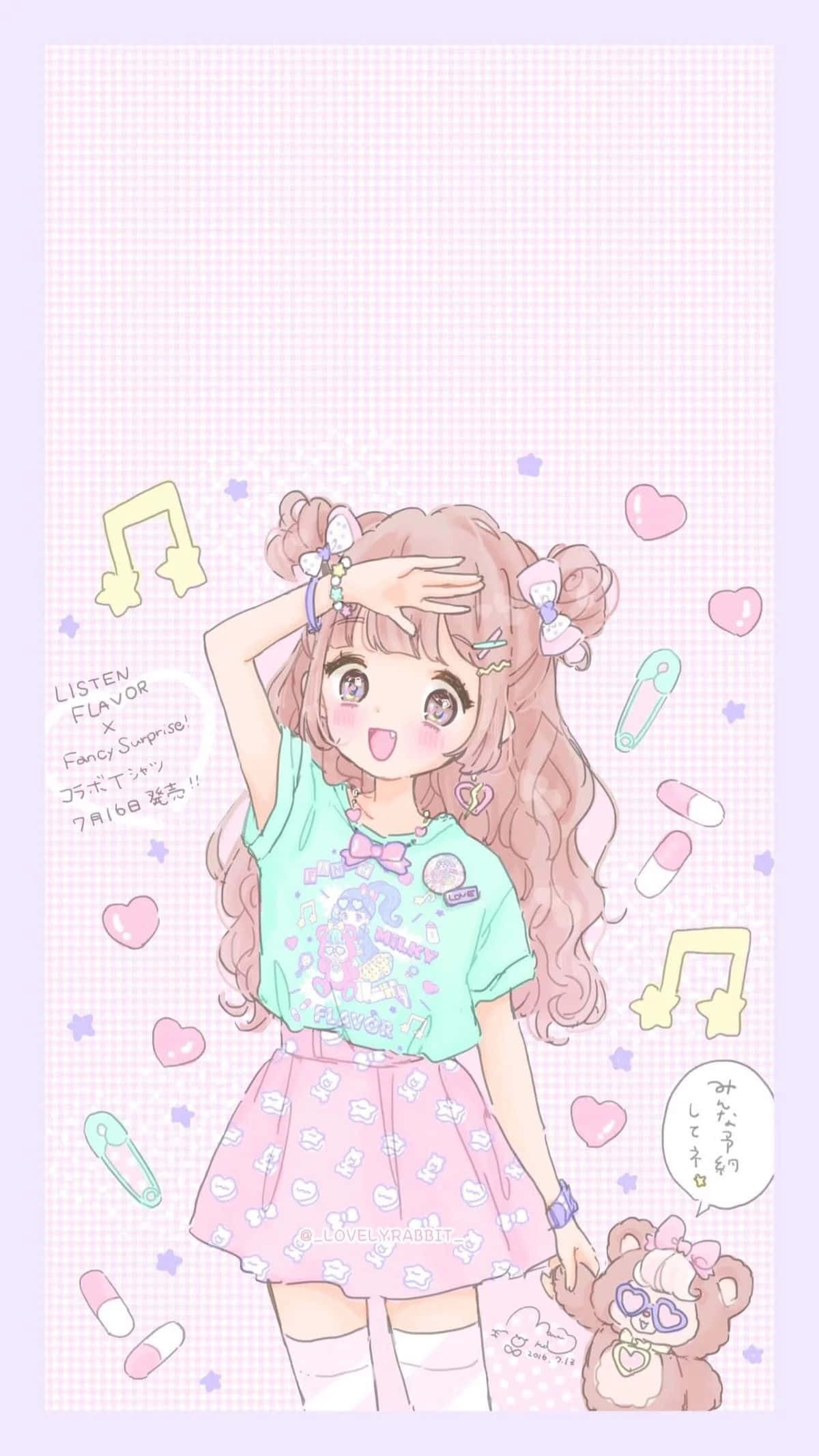 Pink Aesthetic Anime Phone 桌布 壁紙 — 一個開心的動漫女孩，粉紅色頭髮和蝴蝶結飾品，在粉彩格紋背景前快樂地擺姿勢，背景有漂浮的心形和音符。