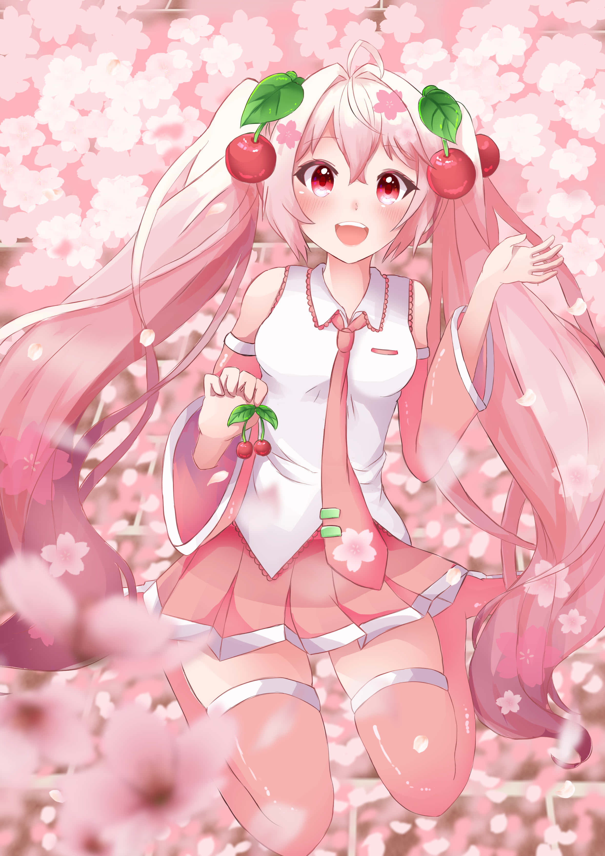 Vocaloid 桌布 壁紙 — 一個開心的動漫女孩，粉紅色頭髮和櫻桃主題飾品，站在柔軟粉紅世界中飄落的櫻花中。