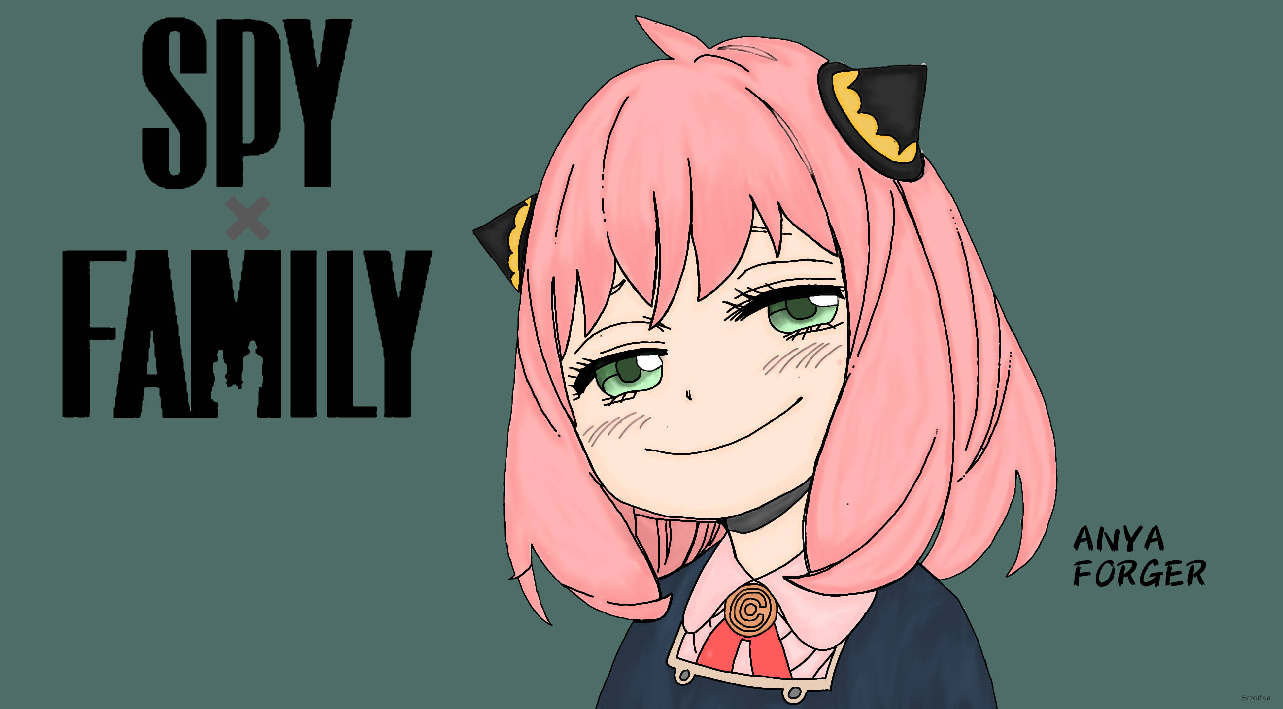Top Anime 桌布 壁紙 — 一個開心的動漫女孩，粉紅色頭髮和貓耳朵，穿著校服，在深藍綠色背景前微笑。