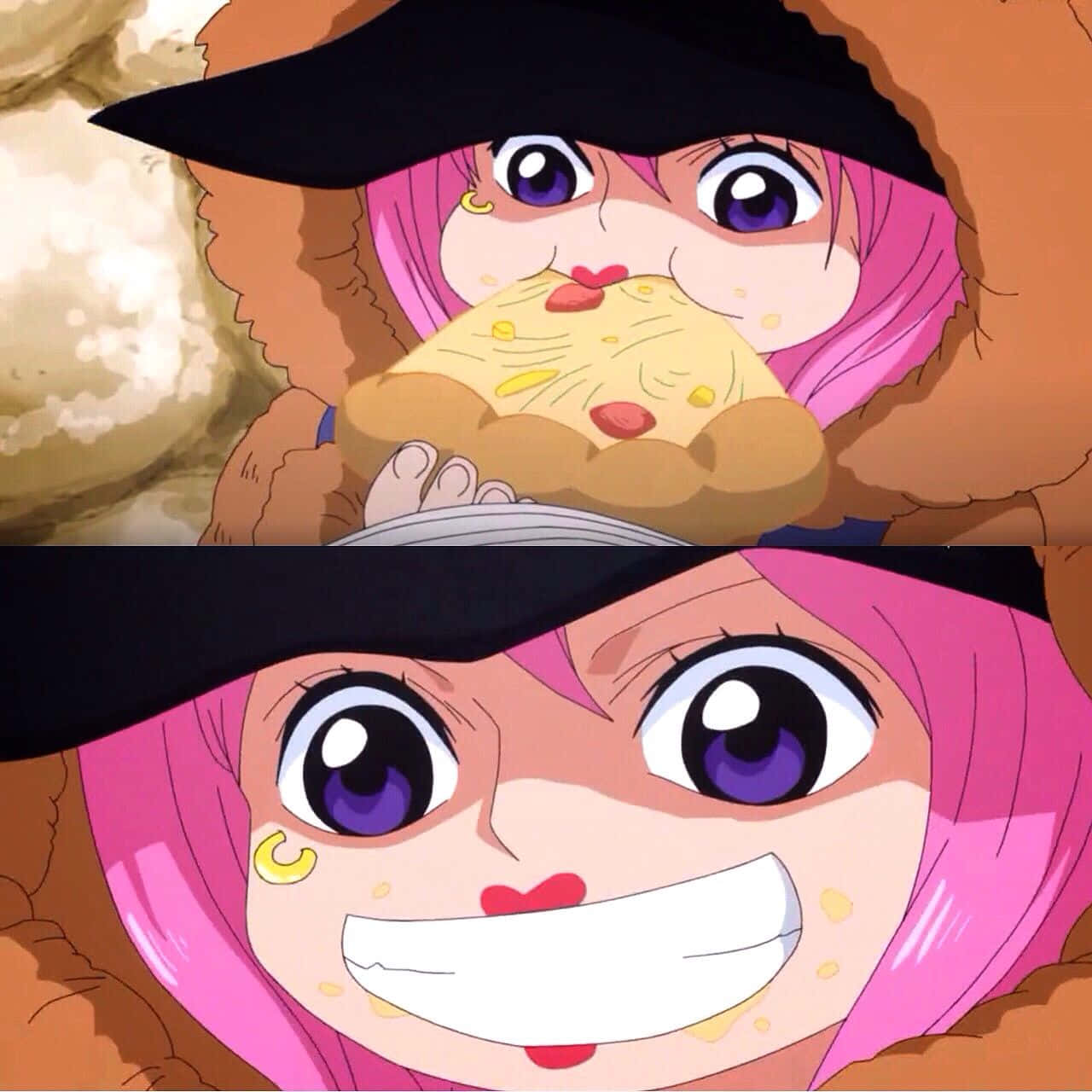 Jewelry Bonney 桌布 壁紙 — 一個開心的動漫女孩，粉紅色頭髮和紫色眼睛，戴著黑色帽子，快樂地吃著一個大糕點。