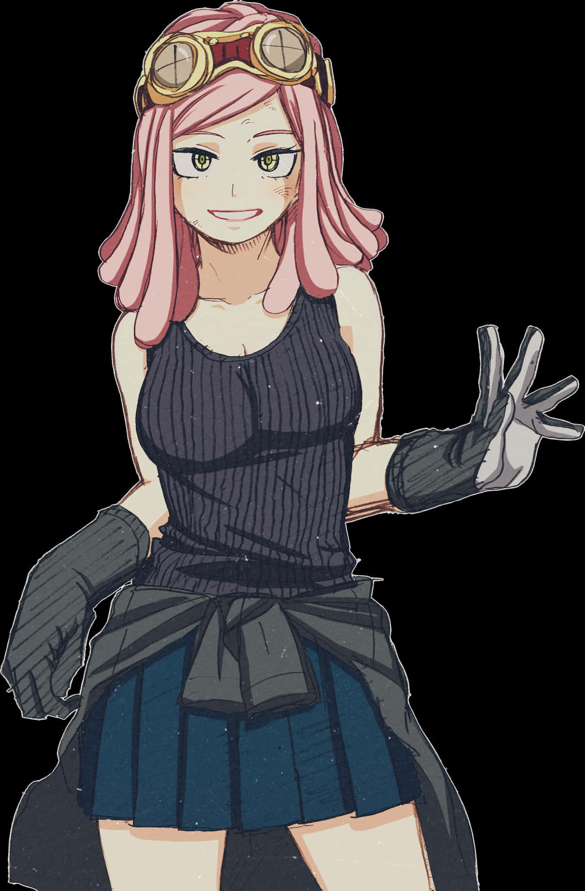 My Hero Academia Anime 桌布 壁紙 — 一個開心的動漫女孩，粉紅色頭髮和護目鏡，穿著深色衣服在黑色背景前開心地揮手。