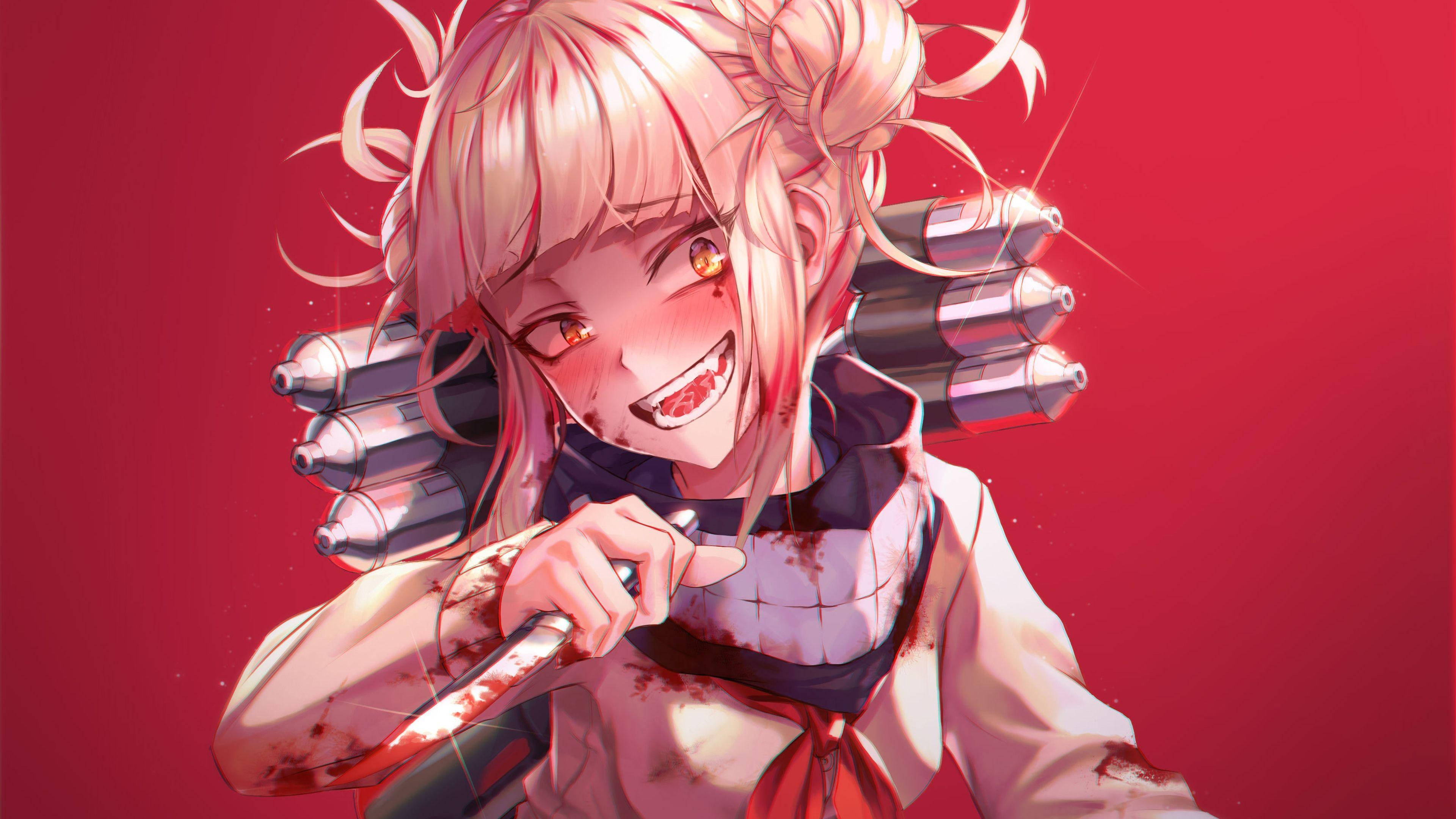 Toga 桌布 壁紙 — 一個開心的動漫女孩，粉紅色頭髮和機械手臂，在純紅色背景前揮舞著一把沾血的刀。