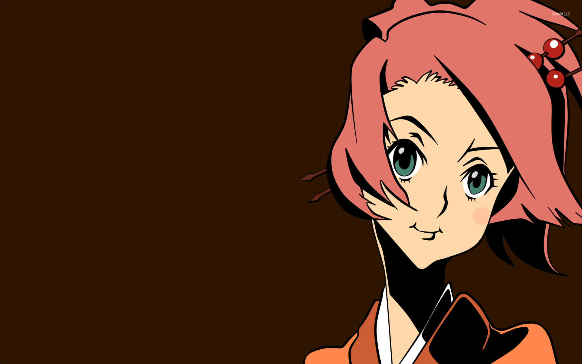 混沌武士 桌布 壁紙 — 一個開心的動漫女孩，粉紅色頭髮和綠色眼睛，在純棕色背景上溫柔地微笑。
