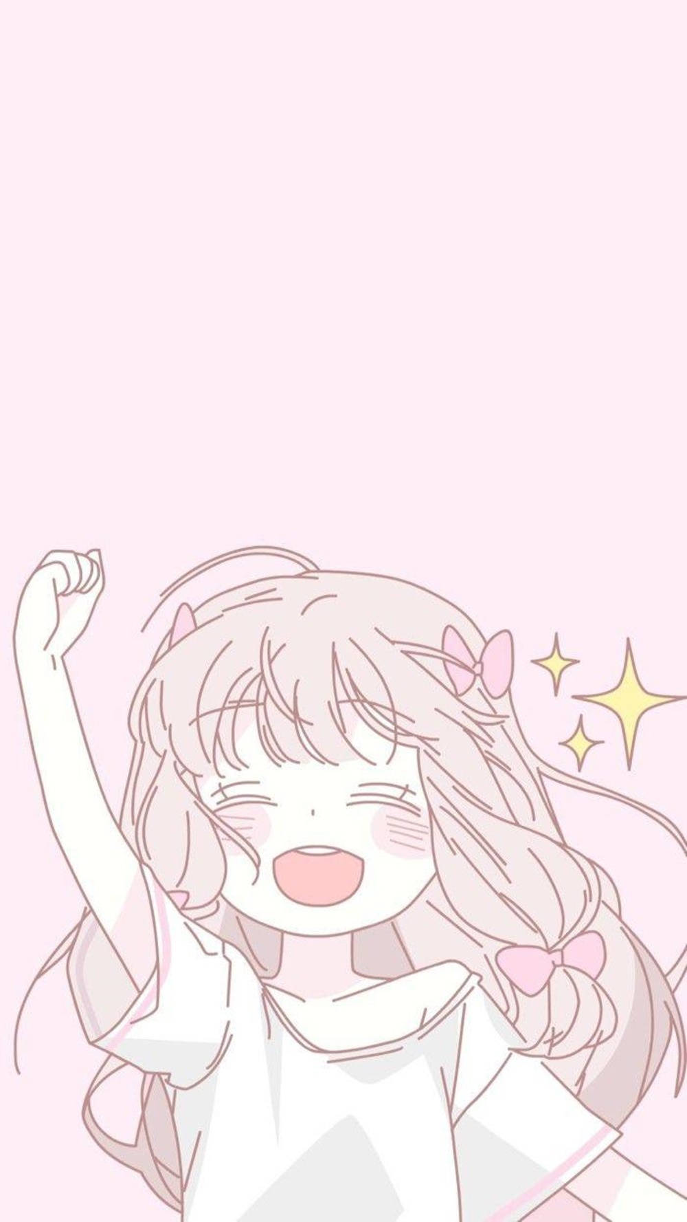 Cute Kawaii Aesthetic 桌布 壁紙 — 一個開心的動漫女孩，粉紅色頭髮和蝴蝶結，在柔和的粉紅色背景上舉起拳頭，背景有閃爍的星星。