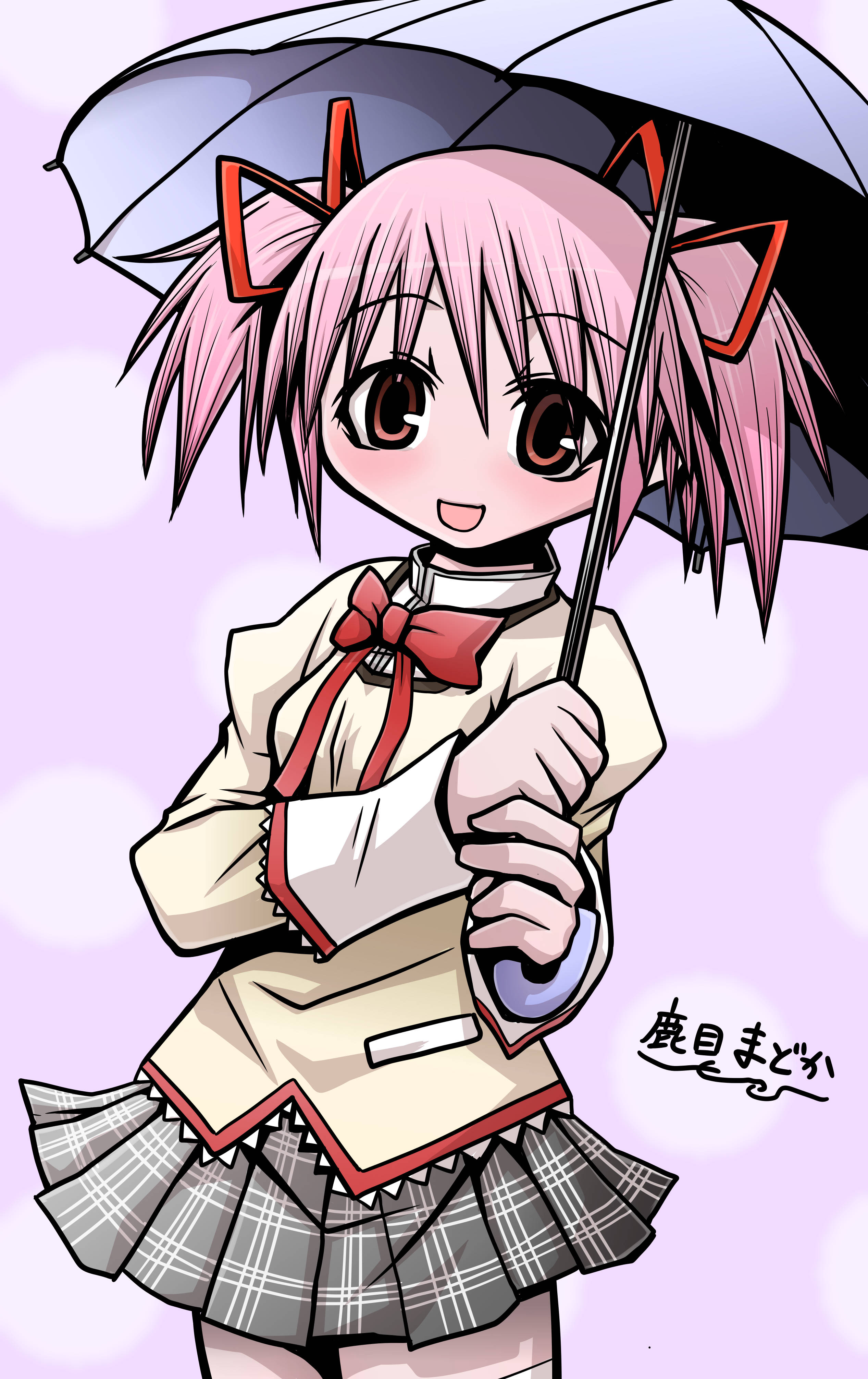 Madoka 桌布 壁紙 — 一個開心的動漫女孩，粉紅色頭髮和貓耳朵，在柔和的紫色背景前拿著一把黑色雨傘。