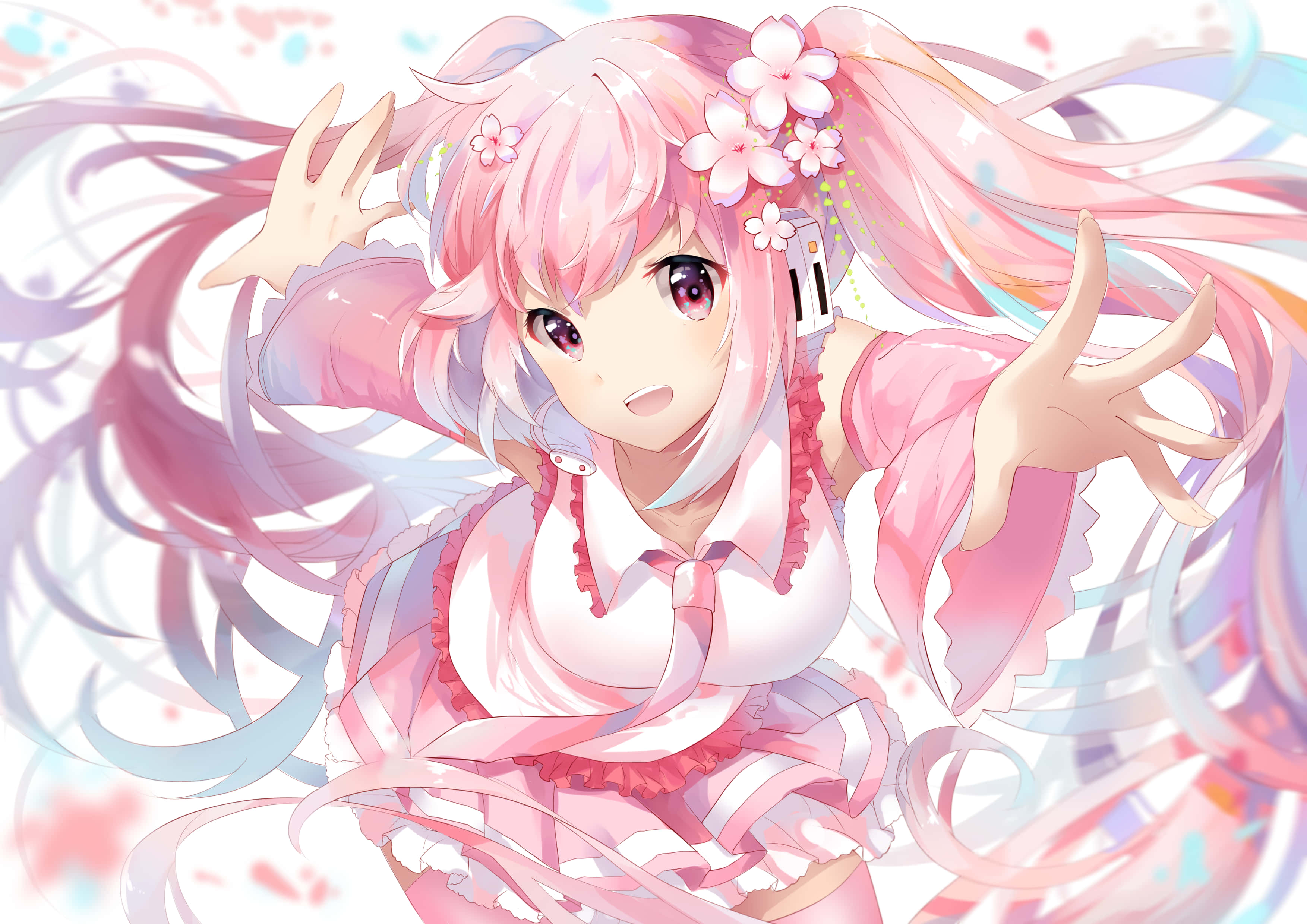 Sakura Miku 桌布 壁紙 — 一個開心的動漫女孩，粉紅色頭髮和櫻花，在柔和粉彩背景中與飄逸絲帶共舞。