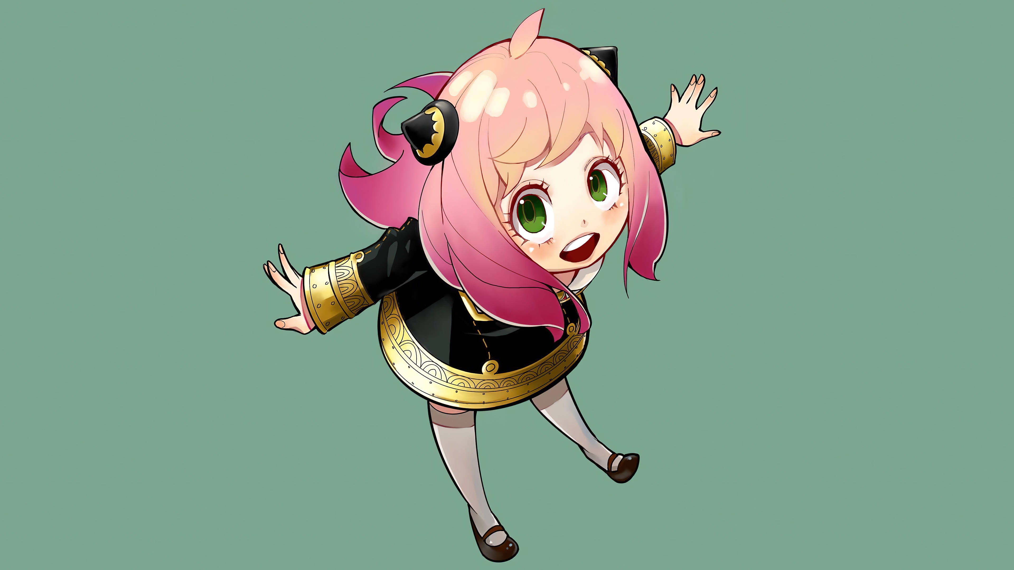 happy anime 桌布 壁紙 — 一個開心的動漫女孩，粉紅色頭髮和綠色眼睛，穿著黑色和金色的服裝，在純青色背景上快樂地跳躍。