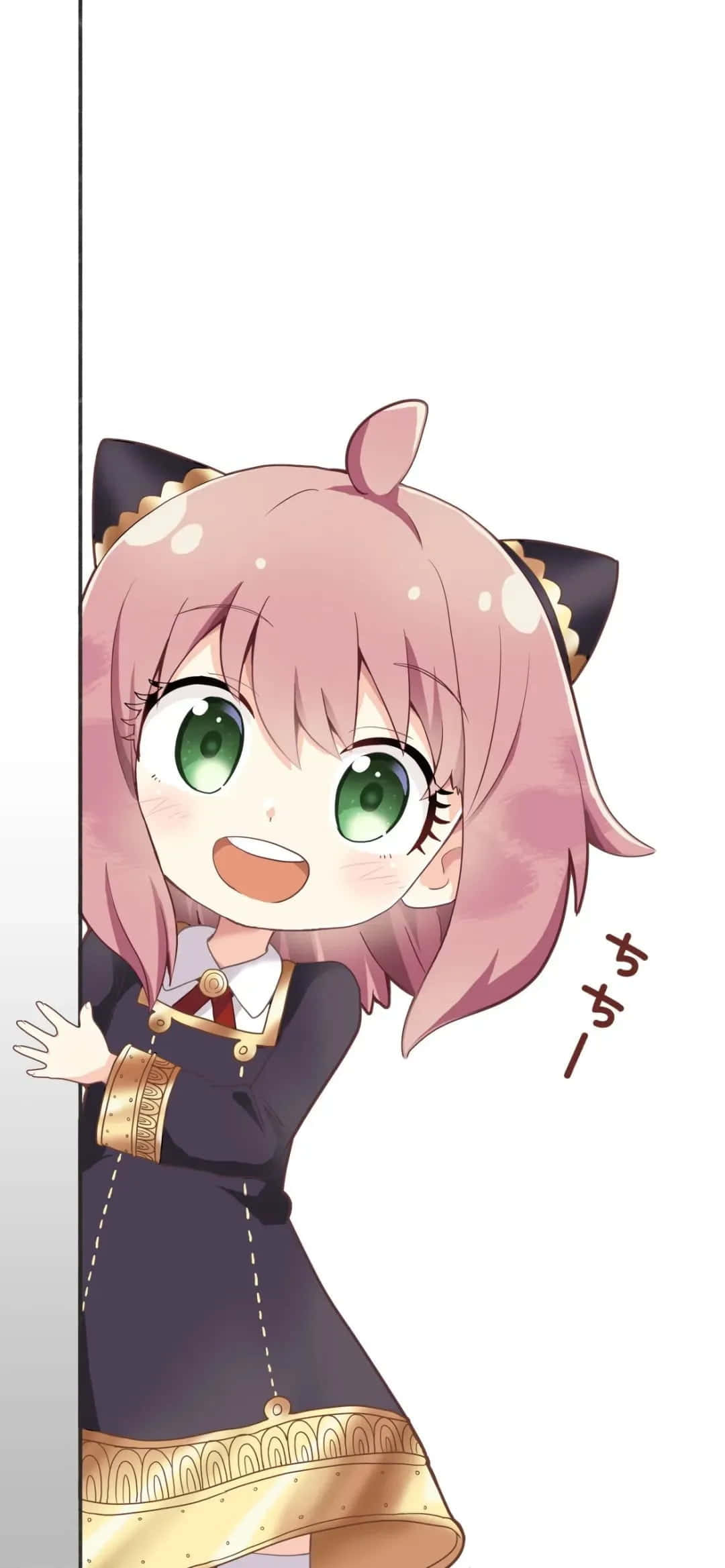 Cute Animated 桌布 壁紙 — 一個開心的動漫女孩，粉紅色頭髮和貓耳朵，從白色牆後探出頭來，露出燦爛的笑容。