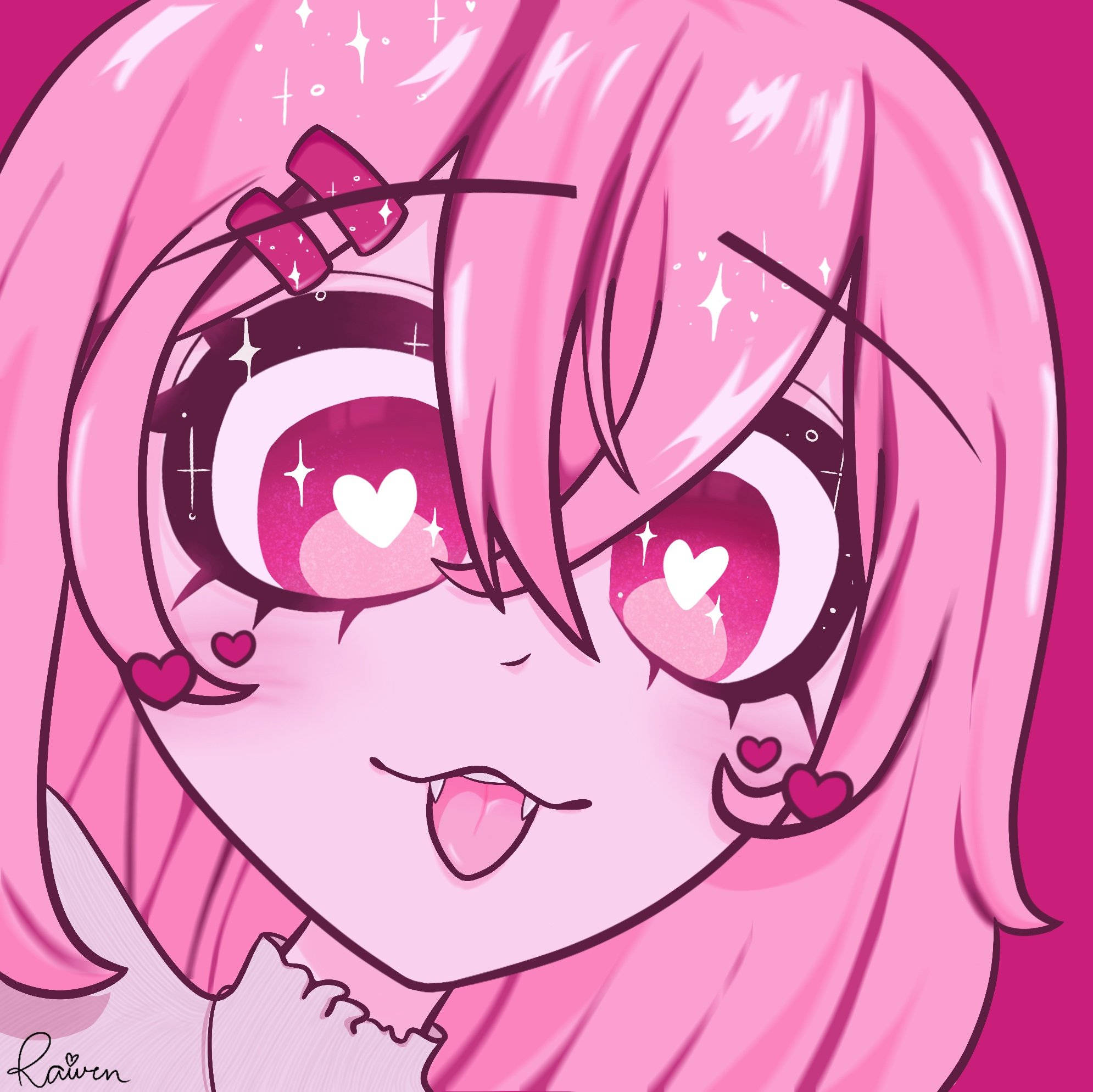 Pfp Aesthetic 桌布 壁紙 — 一個開心的動漫女孩，粉紅色頭髮和充滿愛心的眼睛，在充滿活力的粉紅色背景下頑皮地伸出舌頭。