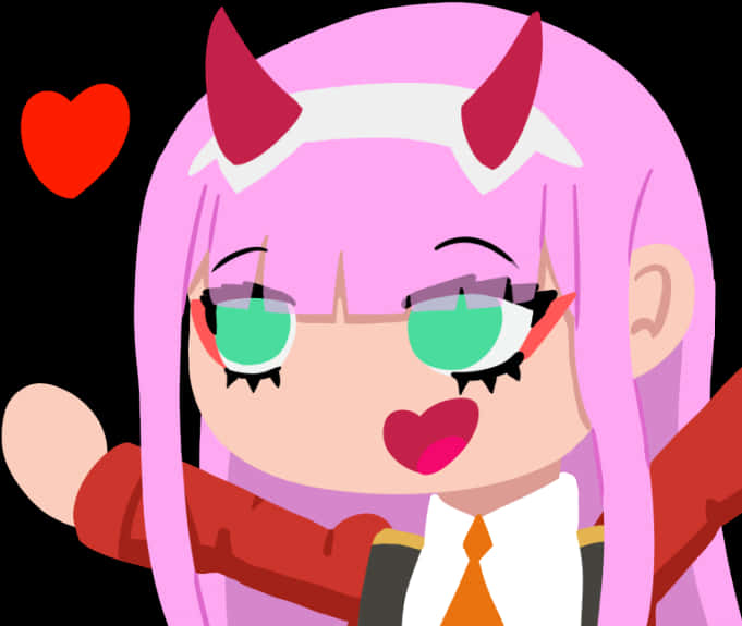 Clipart 桌布 壁紙 — 一個開心的動漫女孩，粉紅色頭髮和紅色角，在黑色背景上快樂地揮手，旁邊漂浮著一顆心。