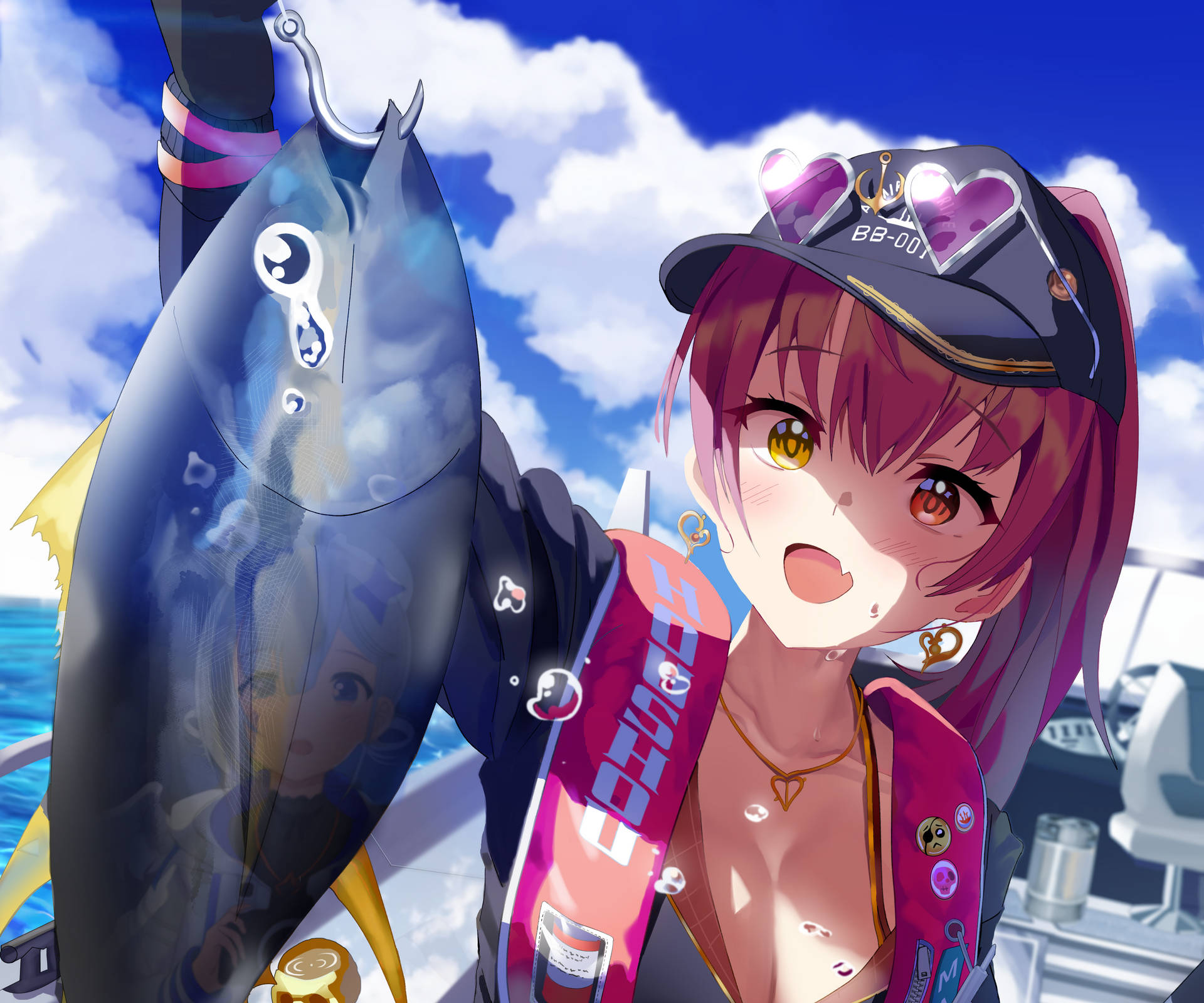 動漫女孩在船上拿著巨大的鮪魚，表情開心。 — 釣魚 GIF 壁紙