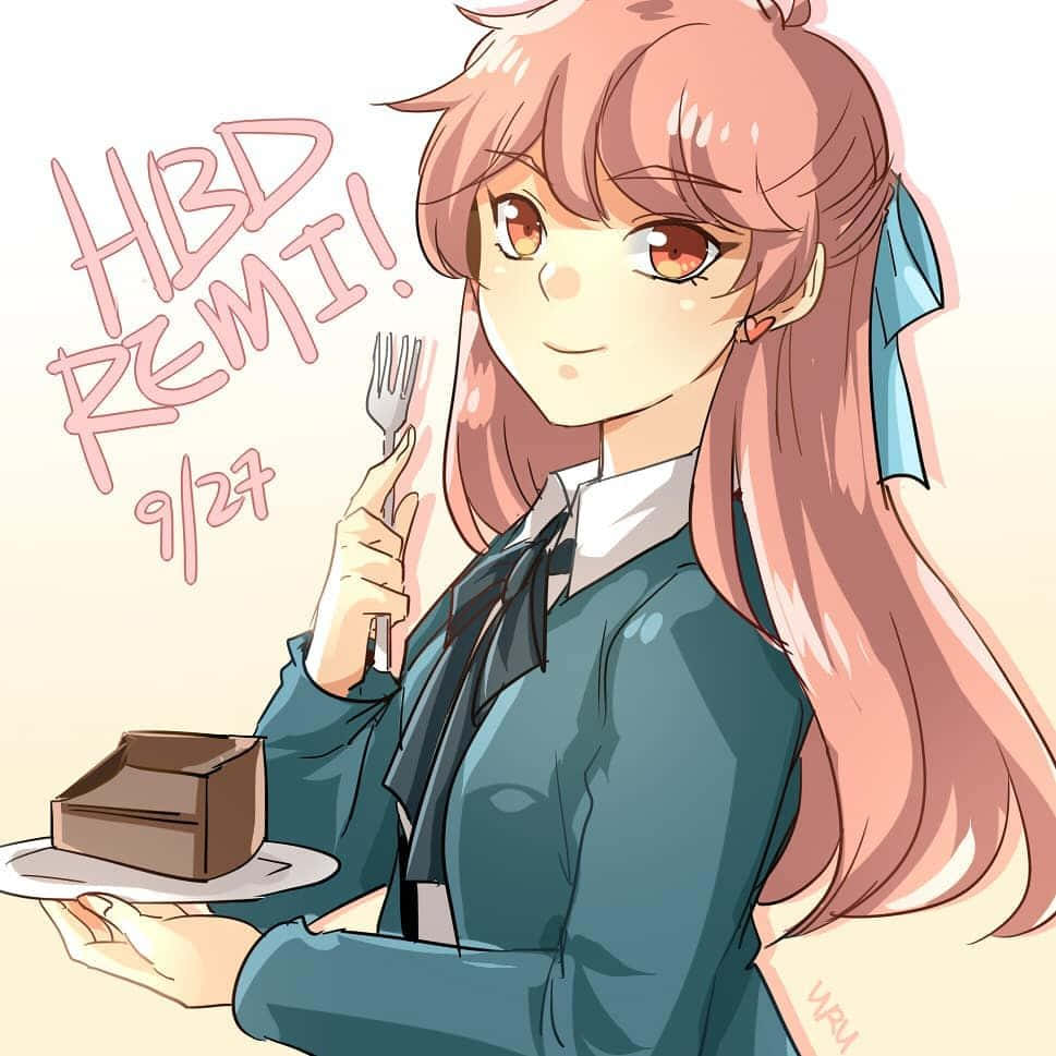 動漫女孩 桌布 壁紙 — 一個開心的動漫女孩，粉紅色頭髮和藍色蝴蝶結，拿著巧克力蛋糕和叉子慶祝生日。